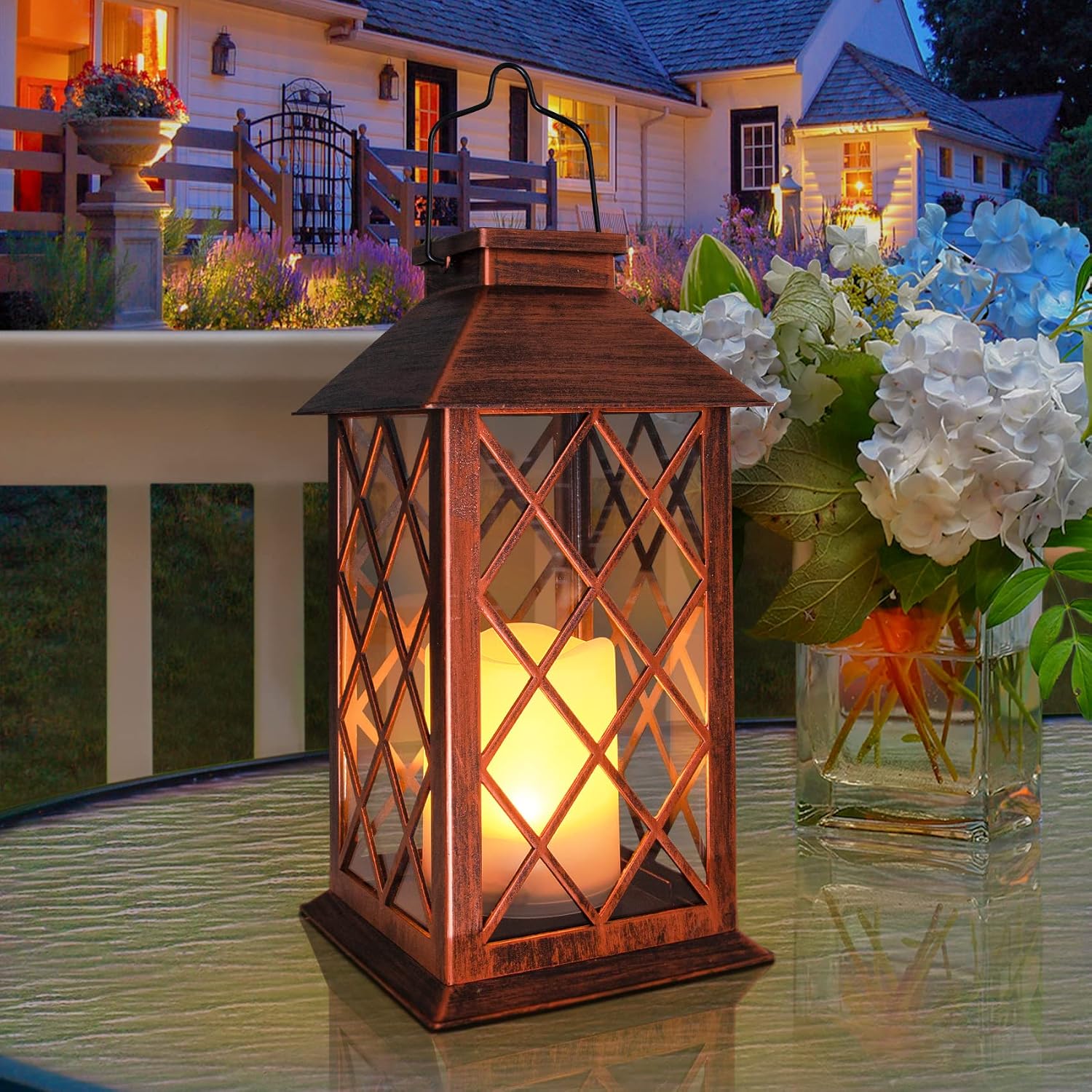 [2 Pack] TAKE ME 14" Solar Lantern Outdoor Garden Hanging Lantern Waterproof LED Flickering Flameless Candle Mission