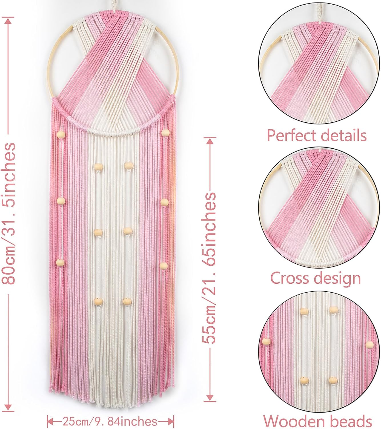 Pink Macrame Wall Hanging Boho Wall Decor Dream Catcher Handmade Woven Tapestry / Pink Beige