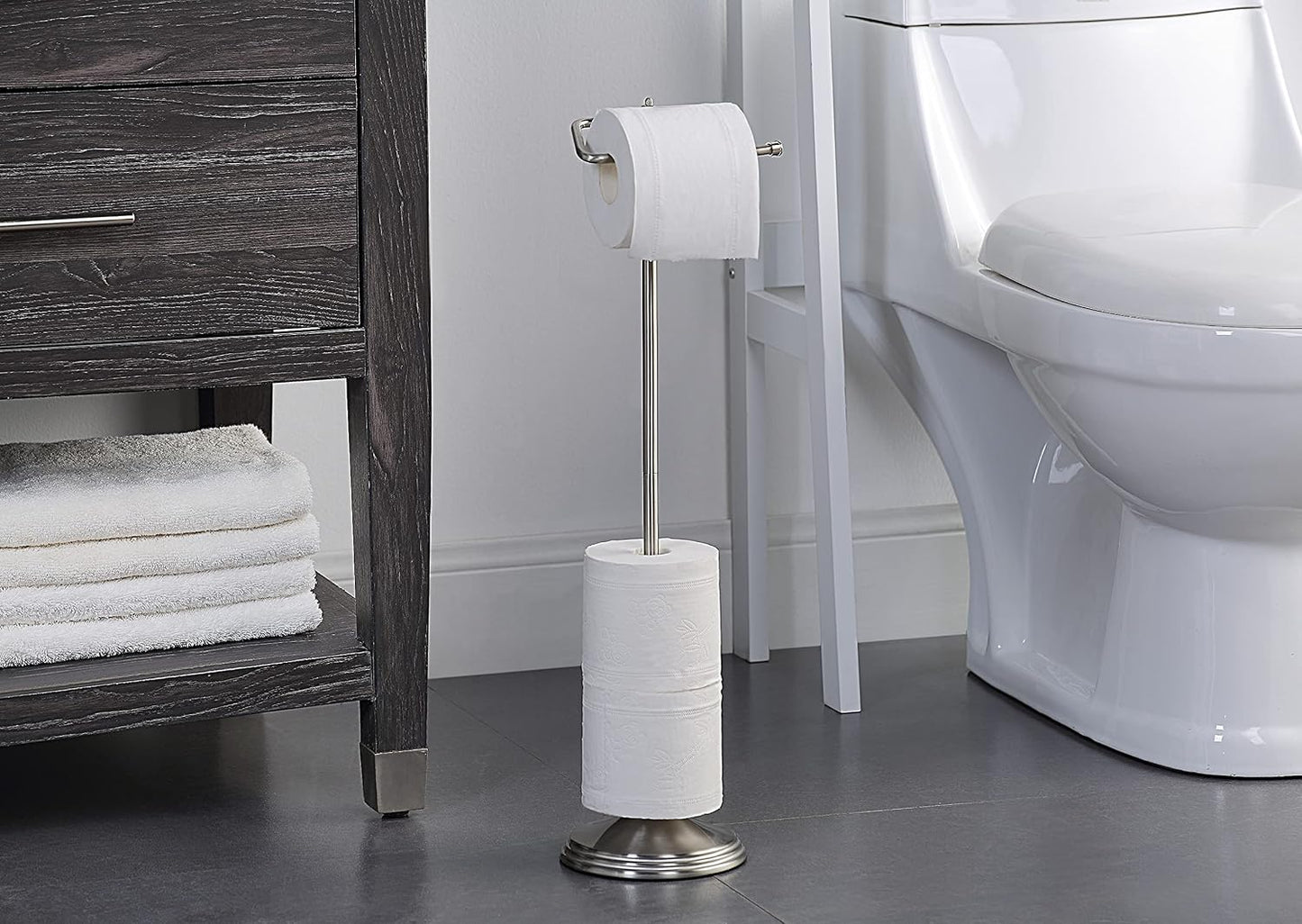 SunnyPoint Bathroom Free Standing Toilet Tissue Paper Roll Holder Stand with Reserve Function, Satin Nickel