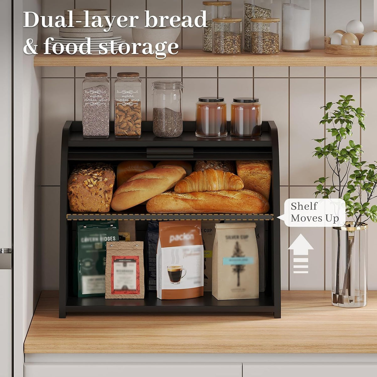 Kitsanery Bread Box for Kitchen Countertop, Bamboo Bread Storage, Double-Layer Roll-Top Bread Container, Farmhouse