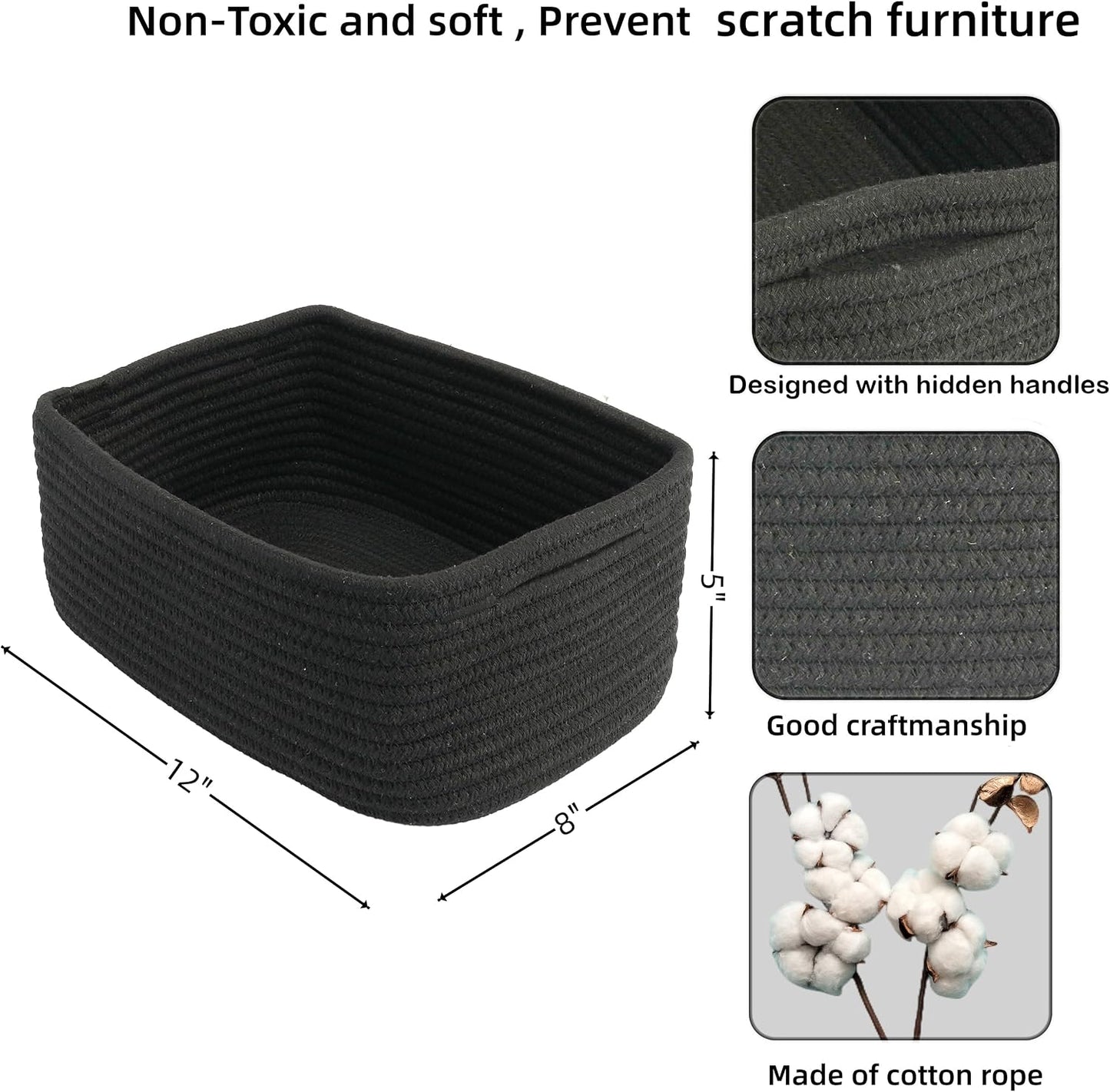 Small Woven Storage Baskets " Decorative Rope Bins for Organizing / Black / Regular / 12 x 8 x 5