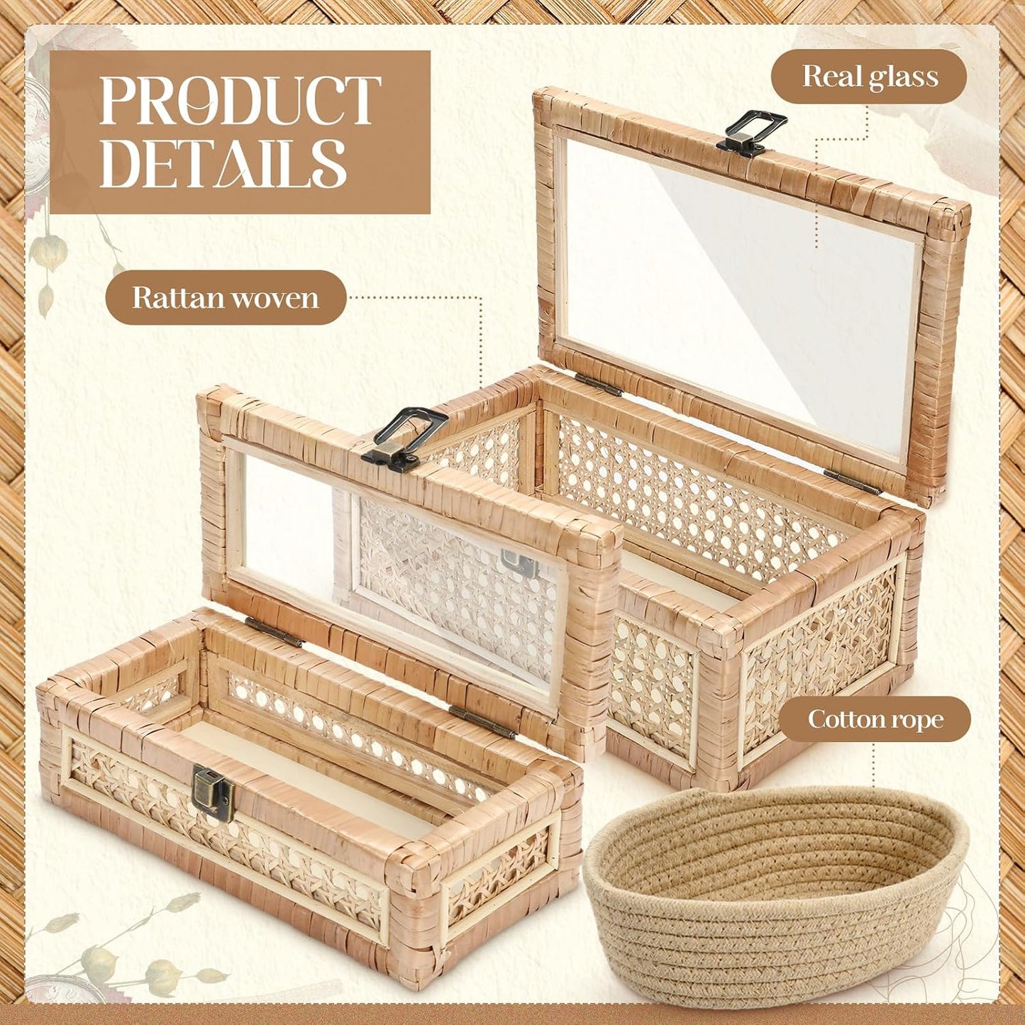 Glass Lid Rectangular Woven Cane Stacking Boxes for Display Rustic Farmhouse / Set of 2