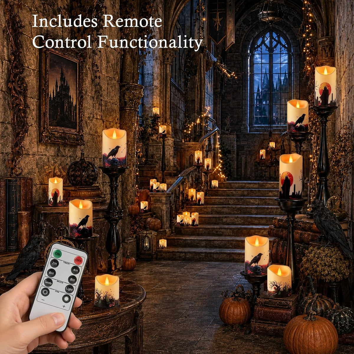 Halloween Flameless Candles Set of 6, Indoor Outdoor LED Pillars | 3"D X 4" 5" 6" H, Climbing flame, waterproof, 2x