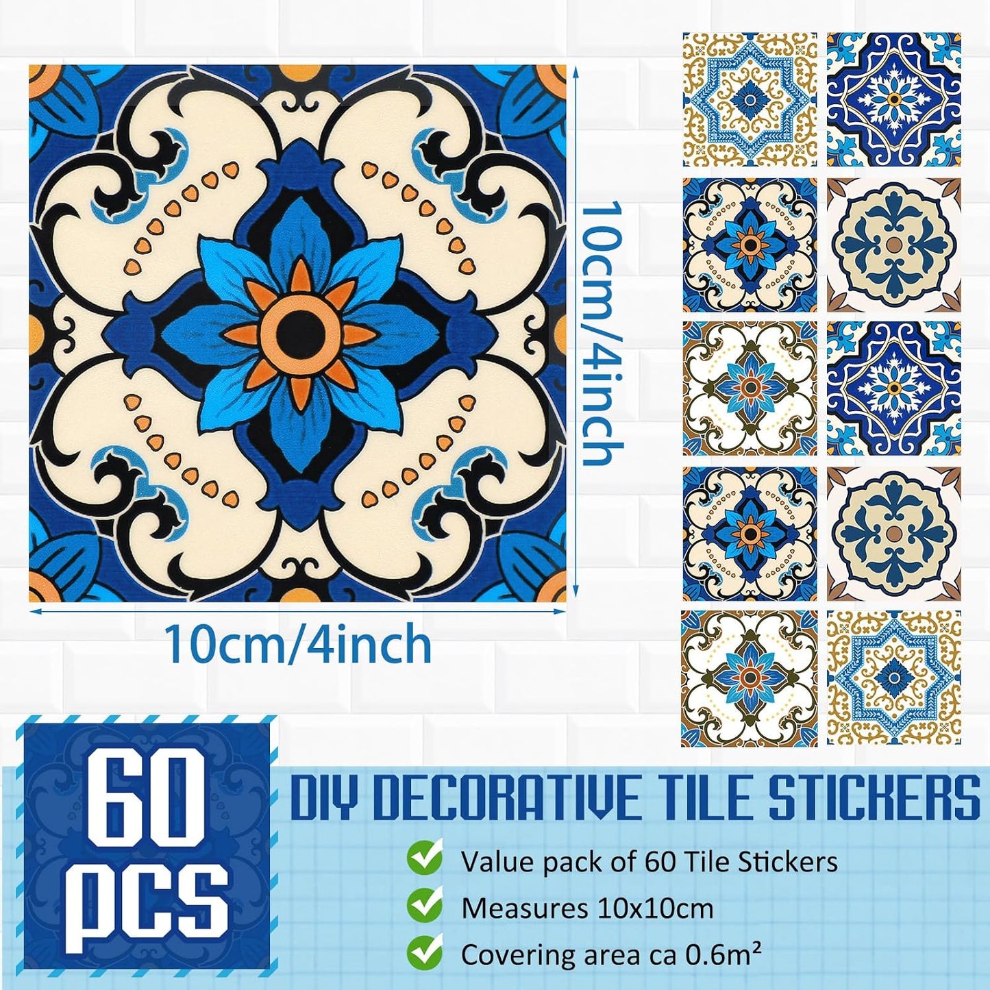 Colorful Talavera Tile Handpainted 10 Designs Peel and Stick Wall Tile / Classic / 4 x 4 / Set of 60
