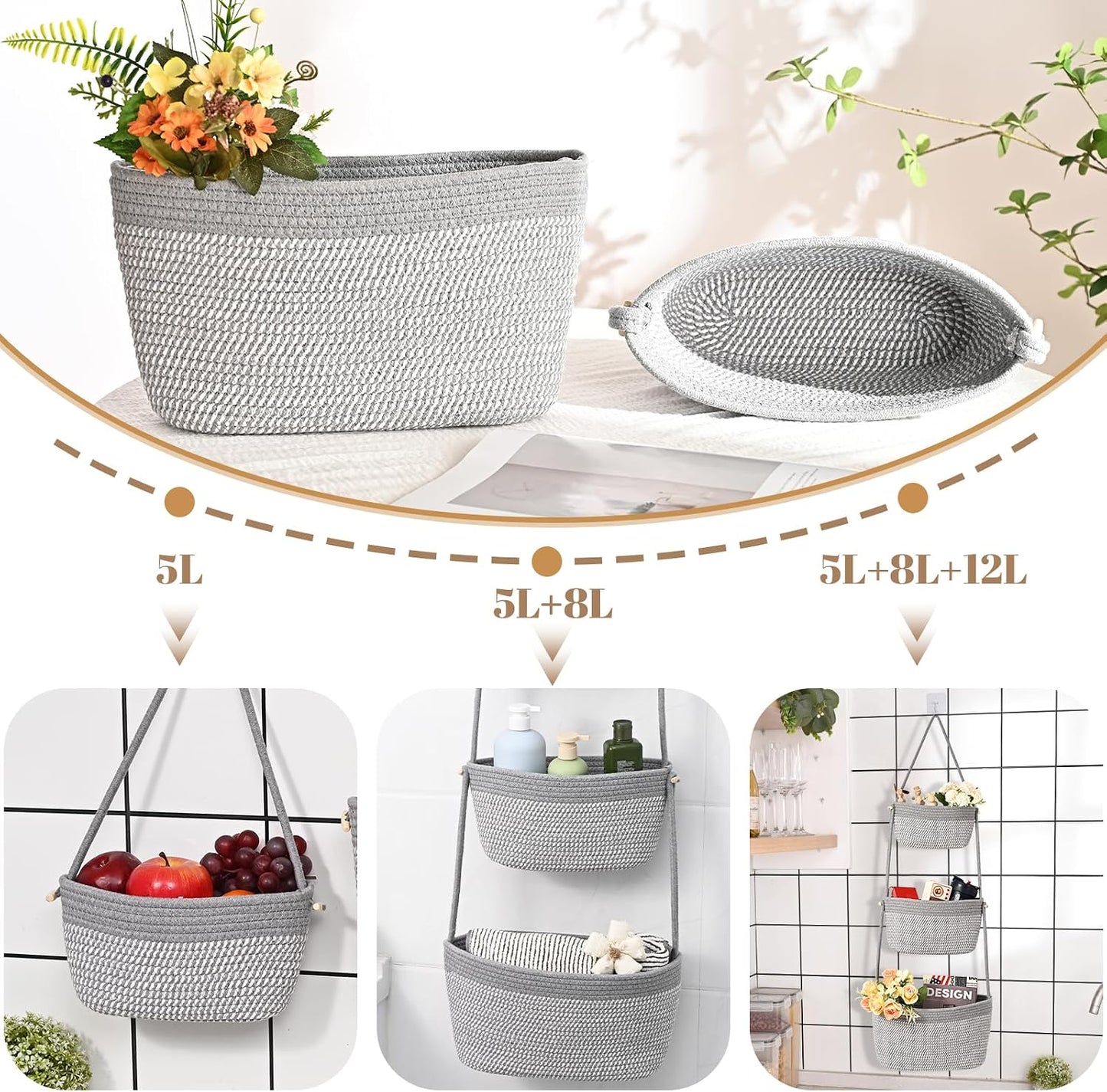 3-Tier Woven Wall Basket / Classic / Gray