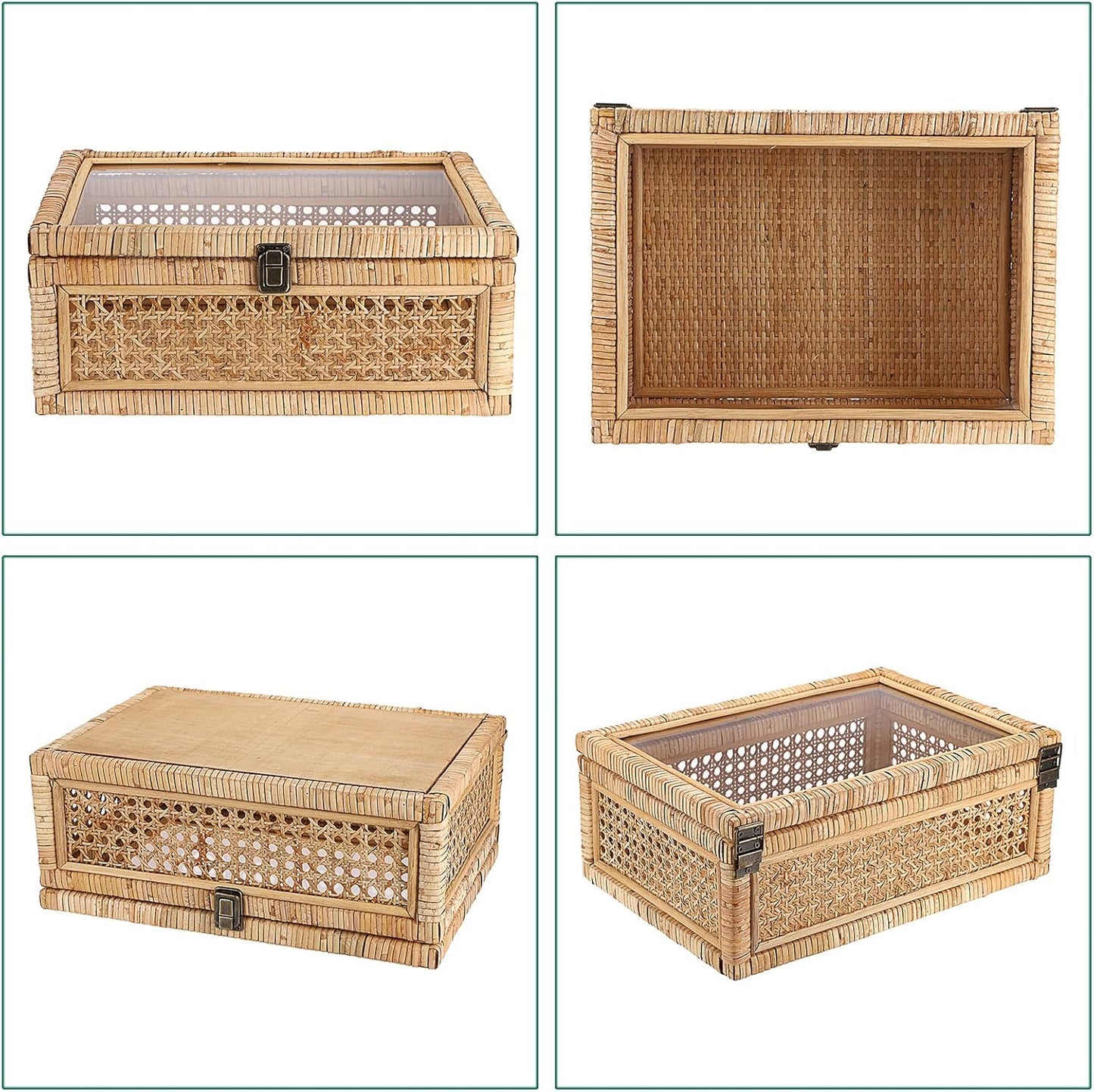 Clear Lid Rattan and Wood Display Boxes Handcrafted Shelf / 14 x 10 x 5.7 / Large / Natural Color