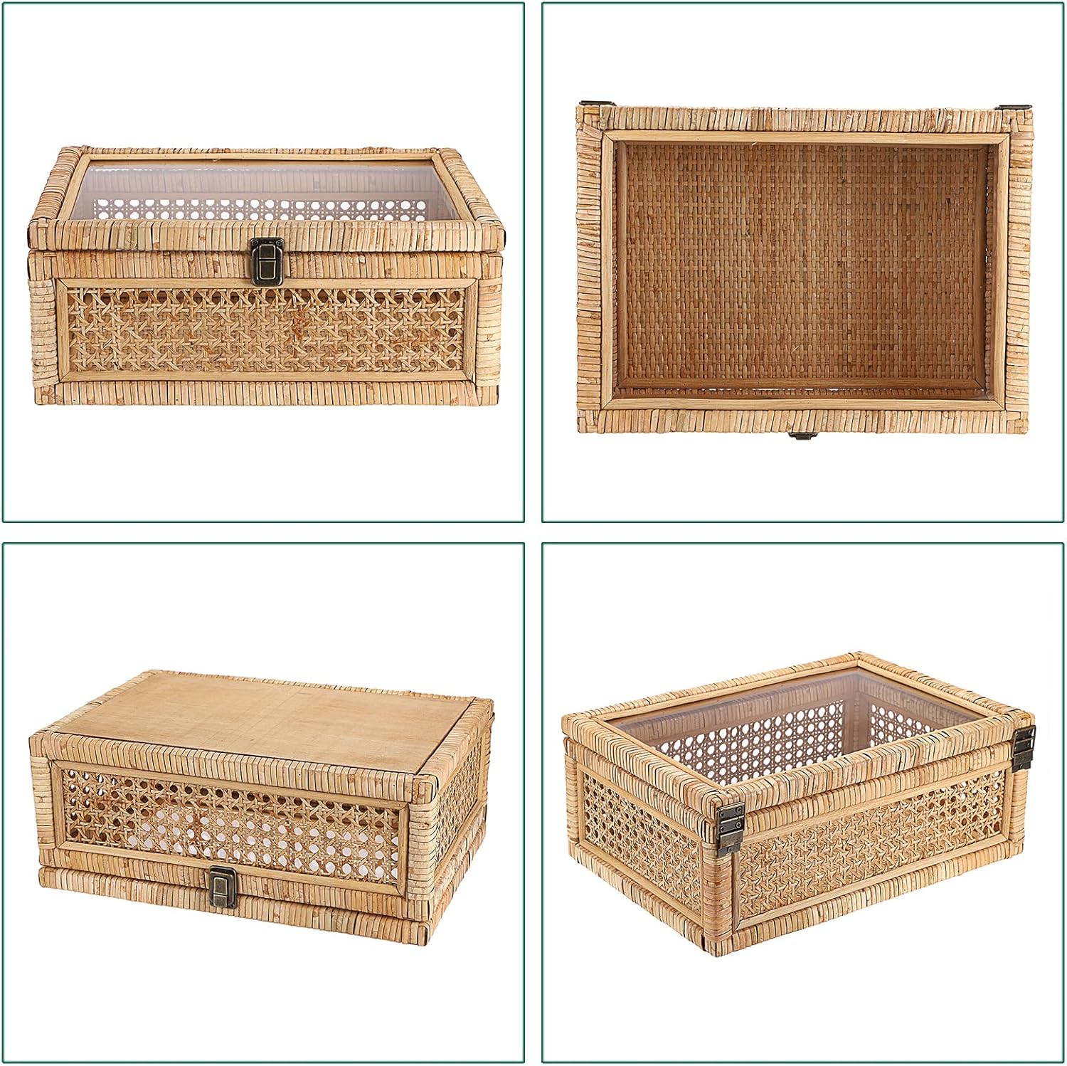 Clear Lid Rattan and Wood Display Boxes Handcrafted Shelf / 14 x 10 x 5.7 / Large / Natural Color