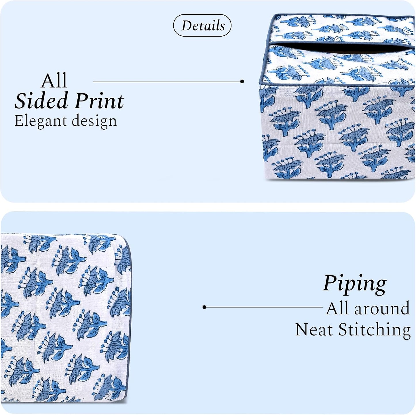 CPC Hand Block Printed Cotton Tissue Box Cover " Square Soft Reusable / Apatite Blue / 5 x 5 x 5.5