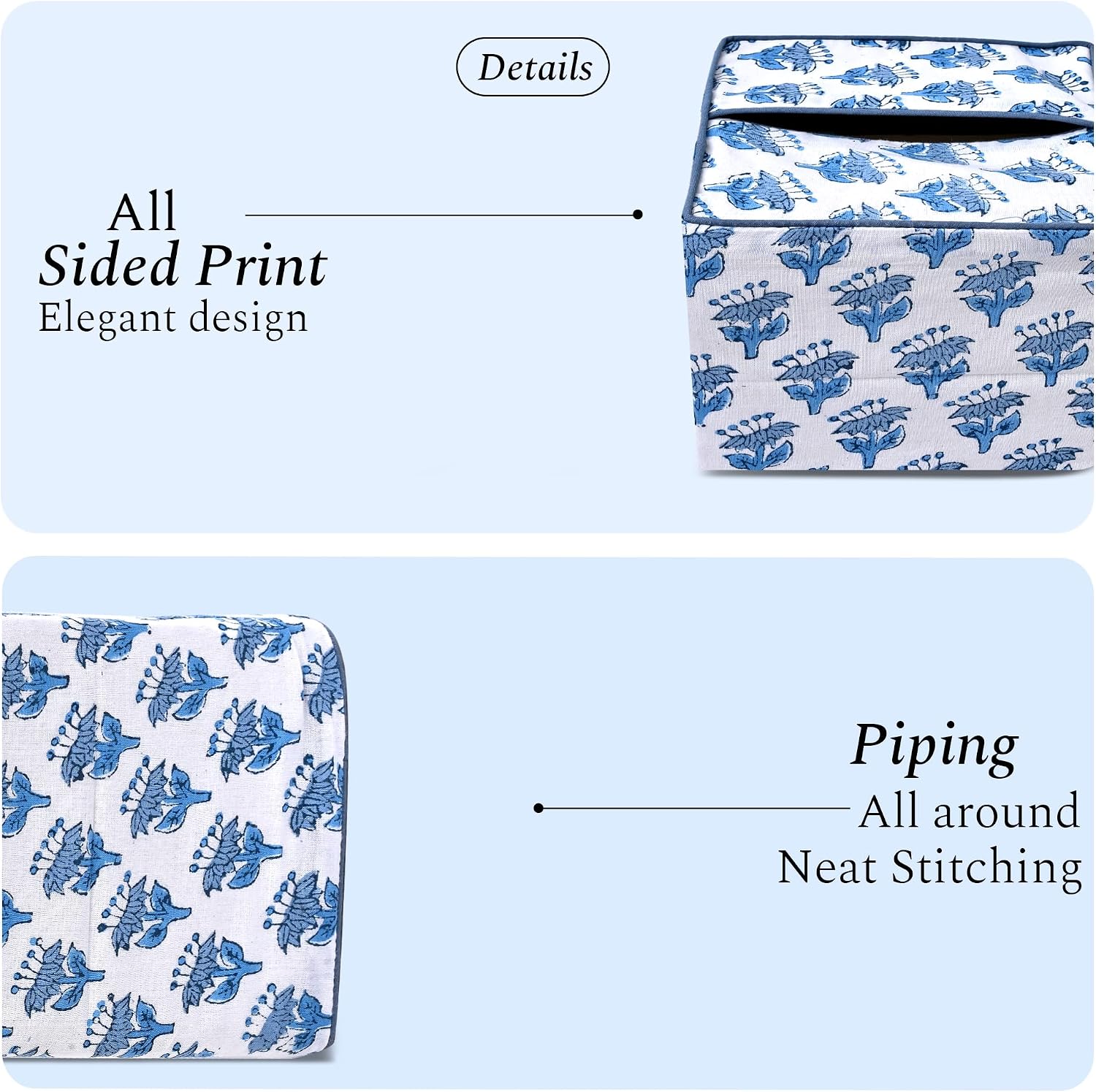 CPC Hand Block Printed Cotton Tissue Box Cover " Square Soft Reusable / Apatite Blue / 5 x 5 x 5.5