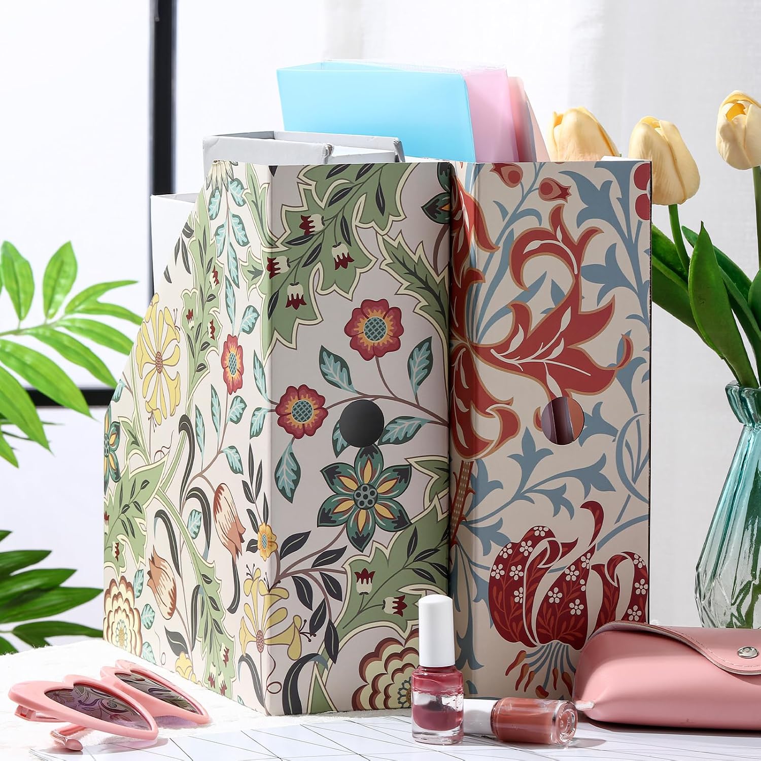 PerKoop 6 Pcs Decorative Magazine File Holders Floral Foldable File Folders Magazine Storage Boxes Rack Desk Organizer
