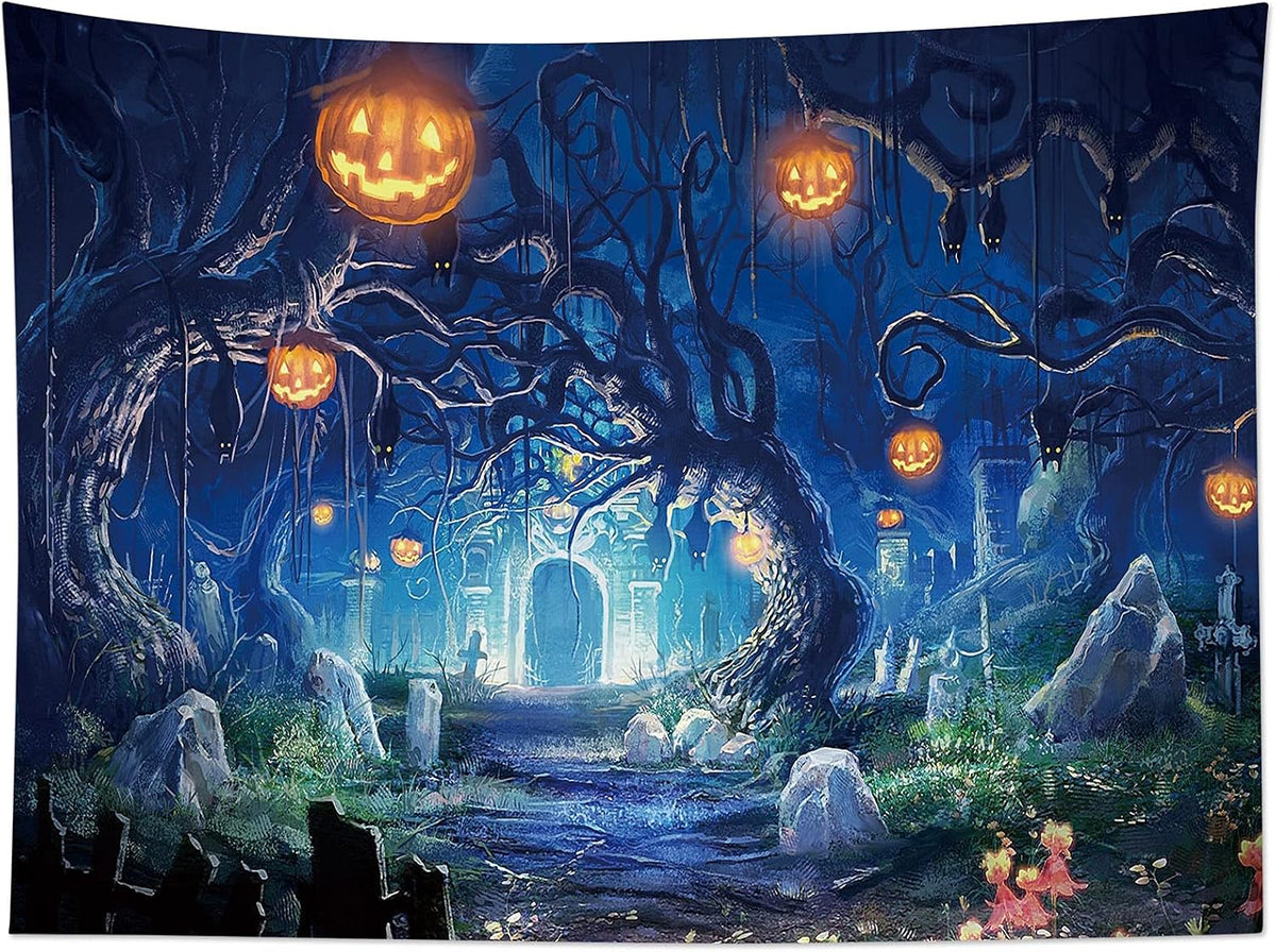 HVEST Halloween Tapestry Night Tapestry Wall Hanging Haunted Woods with Grave and Pumpkins Wall Blanket for Bedroom Living Room Dorm Decor,80W X 60H inches