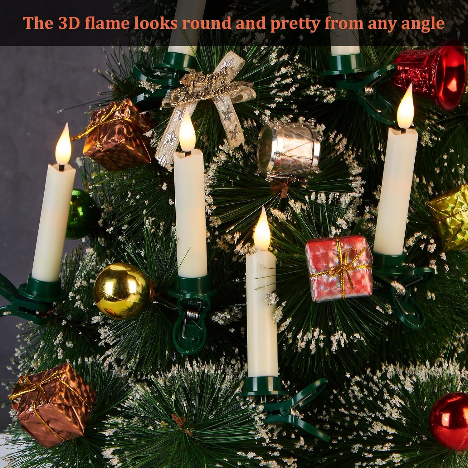IMAGE 12Pcs LED Taper Candles Light Set Flameless 3D Wick Ivory Candles with Clip-on Christmas Tree Design, 10-Key