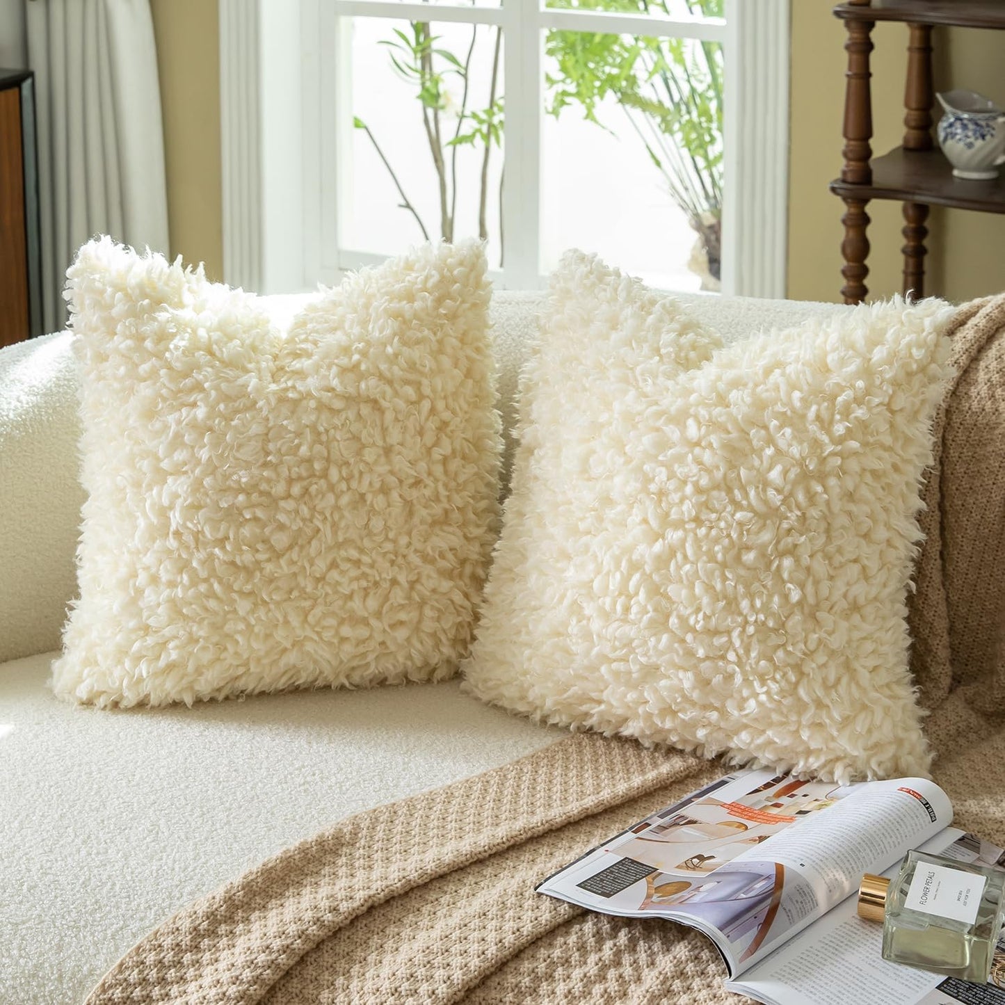Faux Fur Throw Pillow Covers Boucle Decorative Sherpa Pillow / Cream Yellow / 18 x 18 / Set of 2