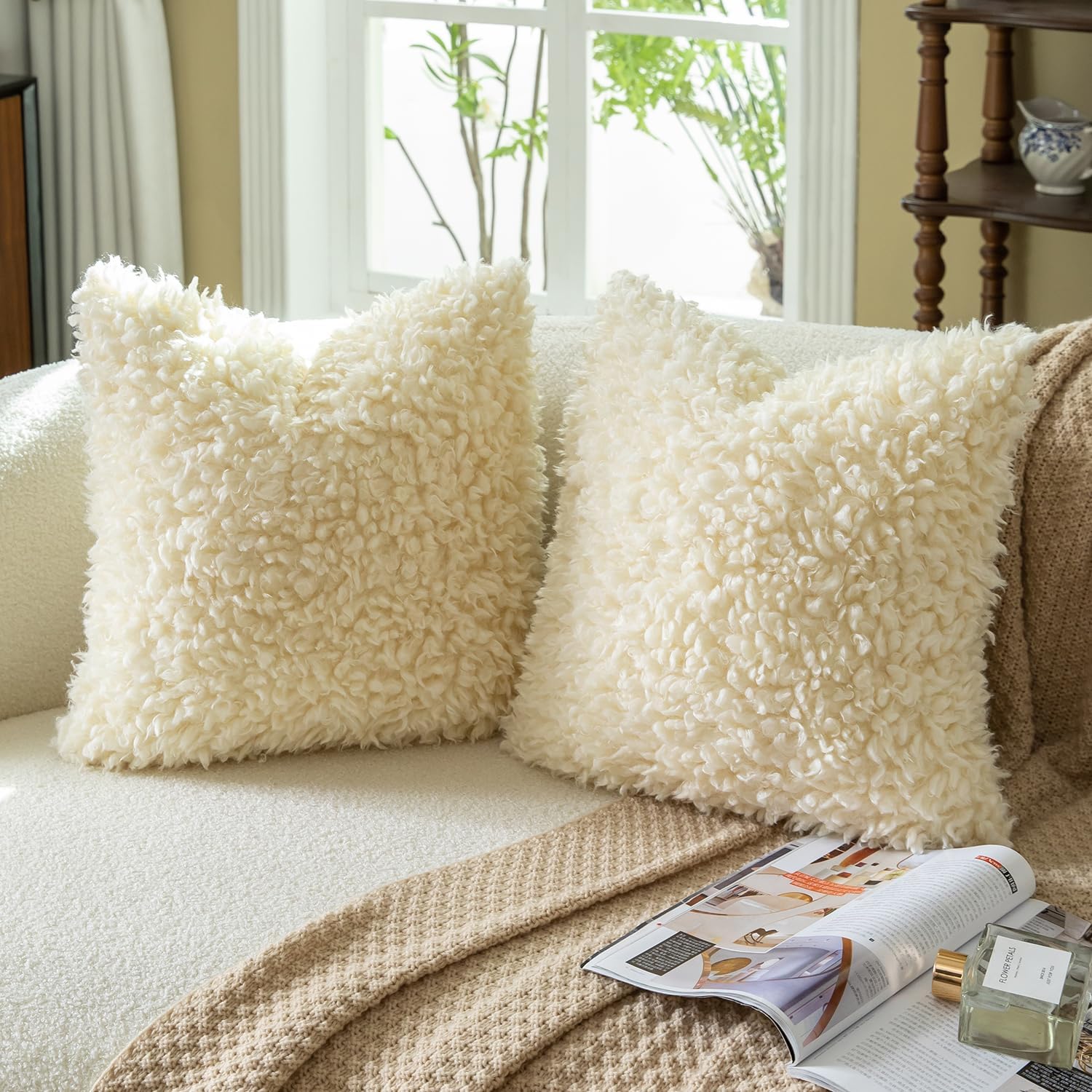 Faux Fur Throw Pillow Covers Boucle Decorative Sherpa Pillow / Cream Yellow / 18 x 18 / Set of 2