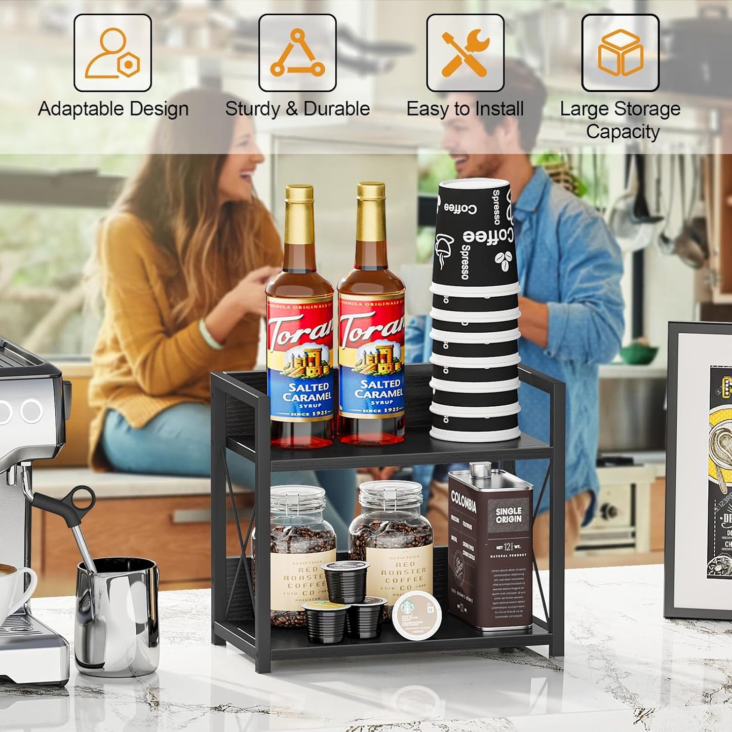 Giikin Kitchen Counter Shelf, 2 Tier Kitchen Spice Rack Organizer for Countertop, Wood Coffee Bar Organizer for Home