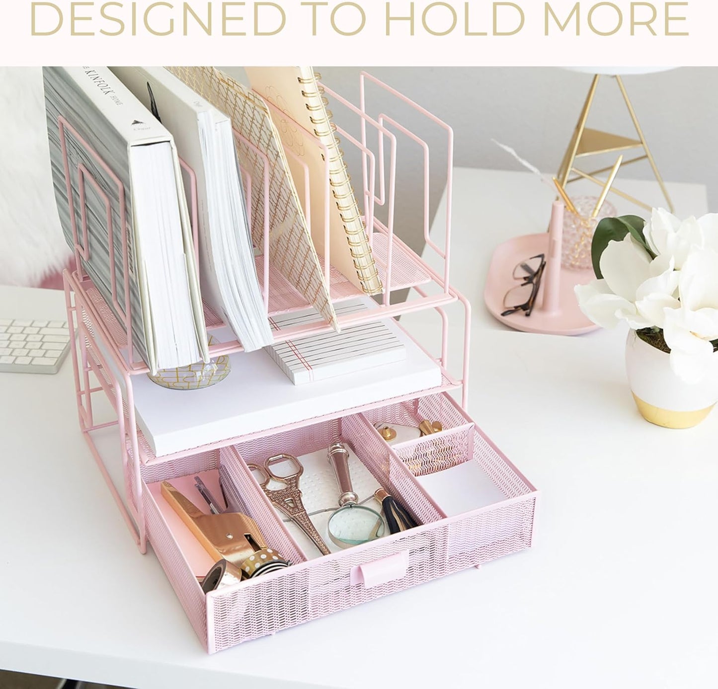 BLU MONACO | Pink Desk Organizer with Drawer | Wire Mesh Desk Organizer File Sorter | Metal Desktop Storage for Office