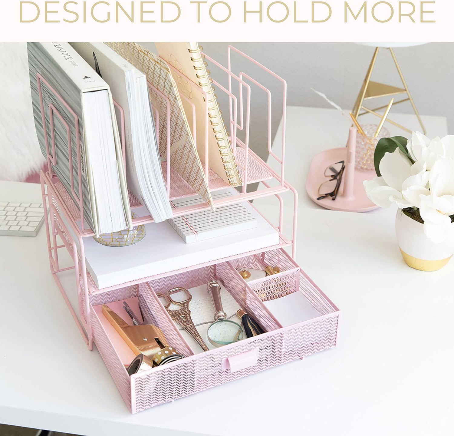 BLU MONACO | Pink Desk Organizer with Drawer | Wire Mesh Desk Organizer File Sorter | Metal Desktop Storage for Office
