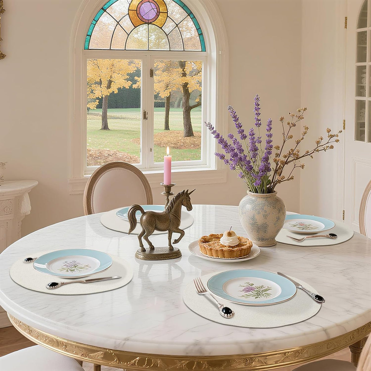 Cotton Linen 15 Inch Round Cloth Place mats, Set of 6, Cream | Washable Table Mats, Heat Resistant, Reversible