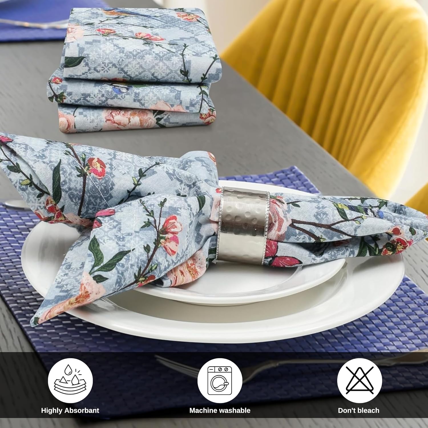 Bedding Craft Cotton Cloth Dinner Napkins Set of 12 – 18x18 Birds Print Design with 1" Fold – Reusable Machine Washable