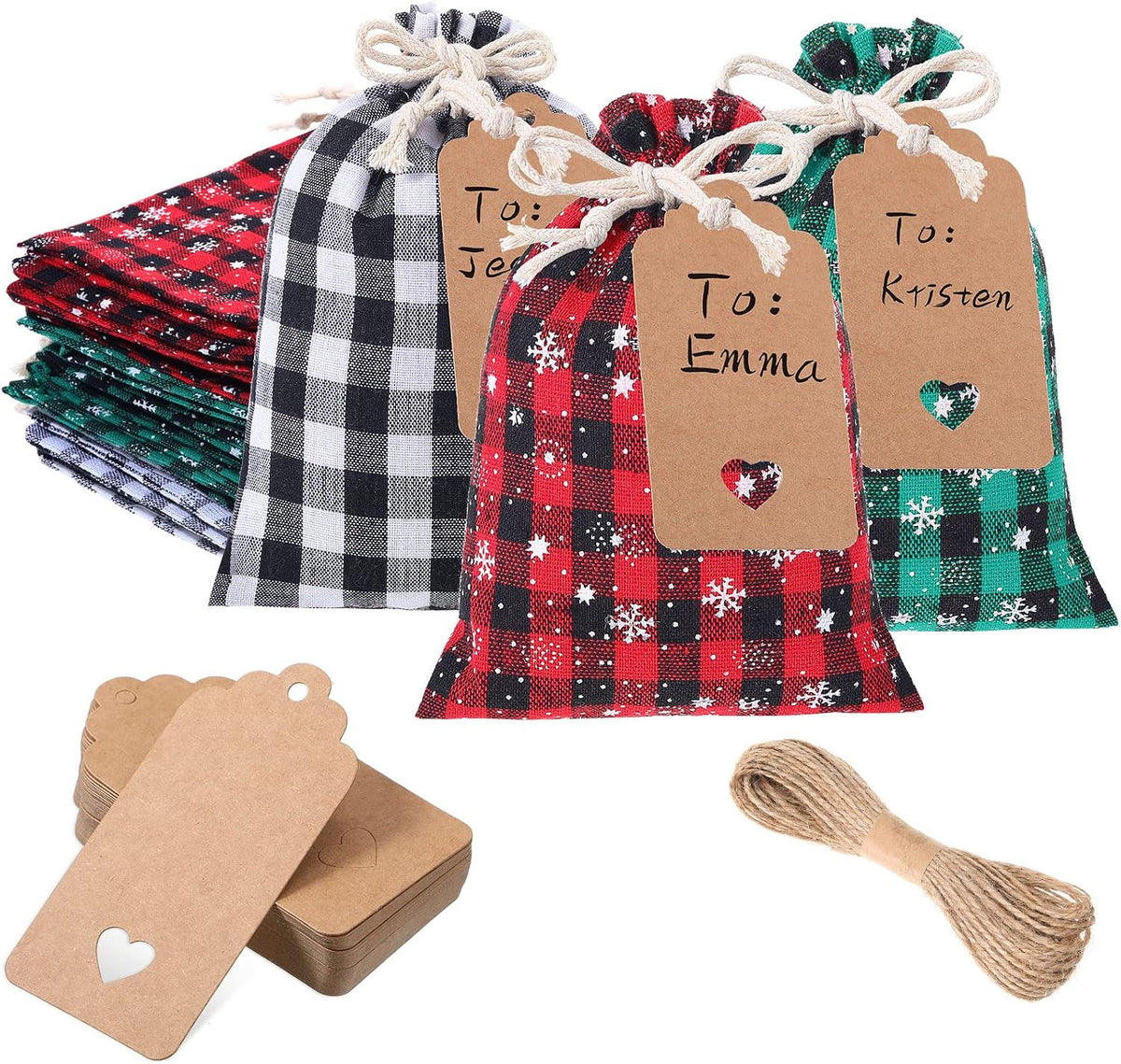 Shappy 24 Pcs Christmas Drawstring Gift Bags Xmas Buffalo Plaid Burlap Advent Bags 7 x 5 Inches Linen Treat Candy Bag with 32.8 ft Rope 24 Card(Assorted Color)
