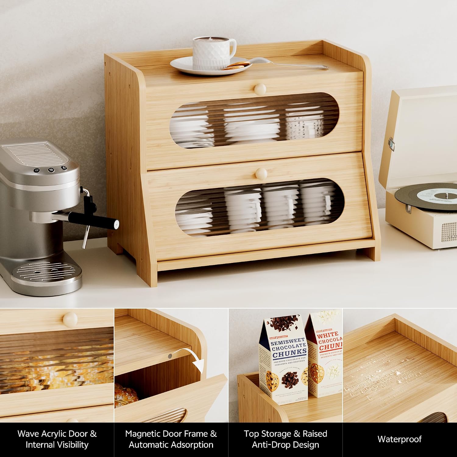 Bread Box,Extra Large 2-Tier Bamboo Bread Box for Kitchen Countertop,Bread Storage Container with Magnetic Acrylic Door