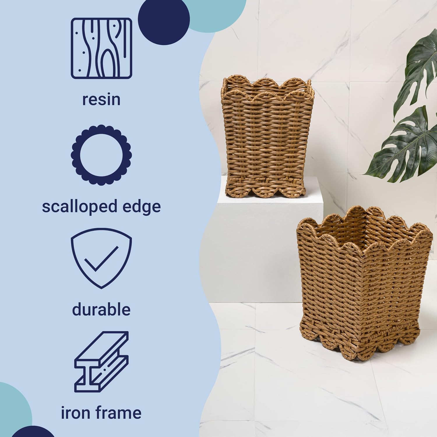 HPM1409A-SET2 Silas Modern Farmhouse Resin 3.3-Gallon Tapered Square Wicker Watebasket / Natural