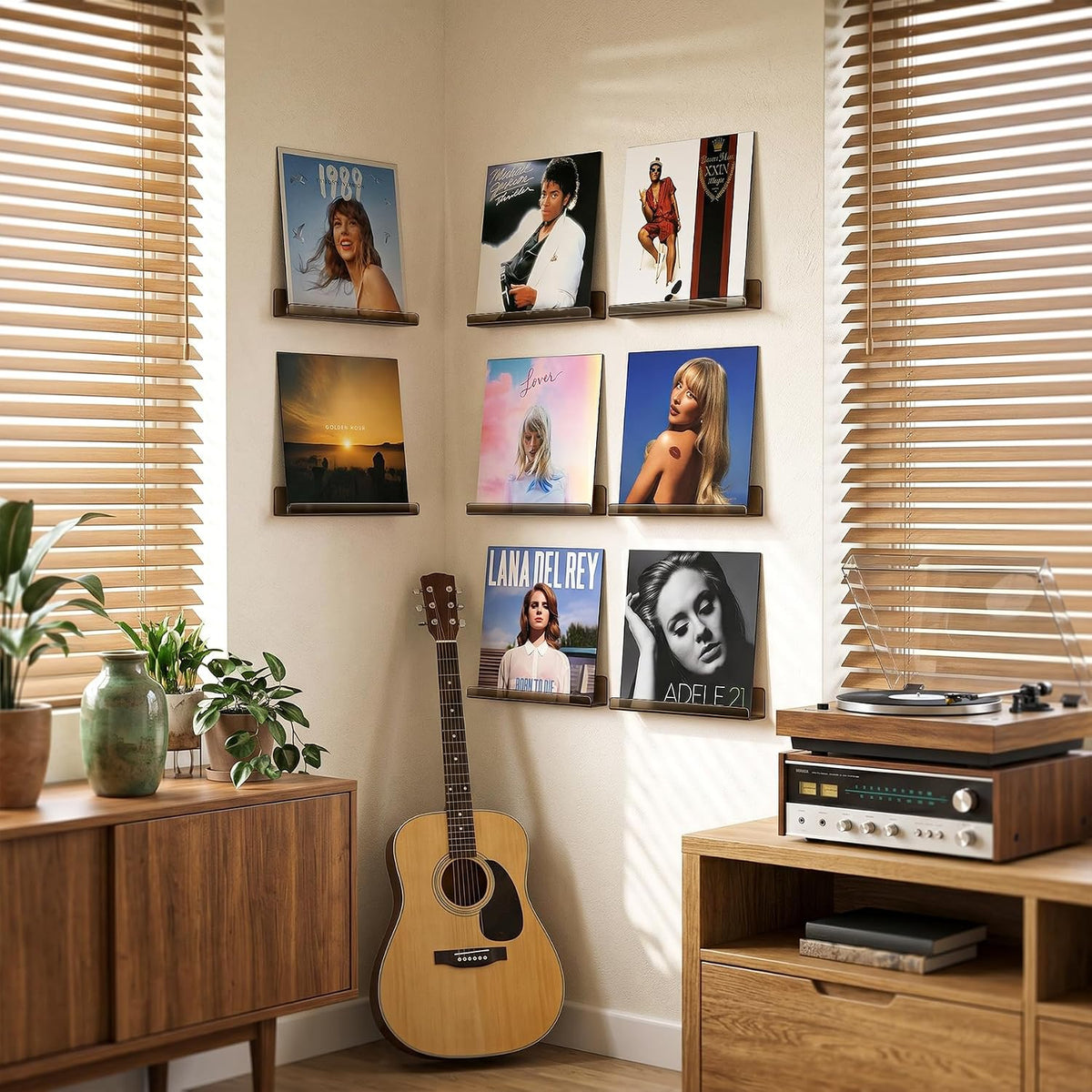Vinyl Record Wall Mount Shelves, 12 inch Vinyl Holder, 8 Pack, Black | Acrylic Floating Shelves for Album Record