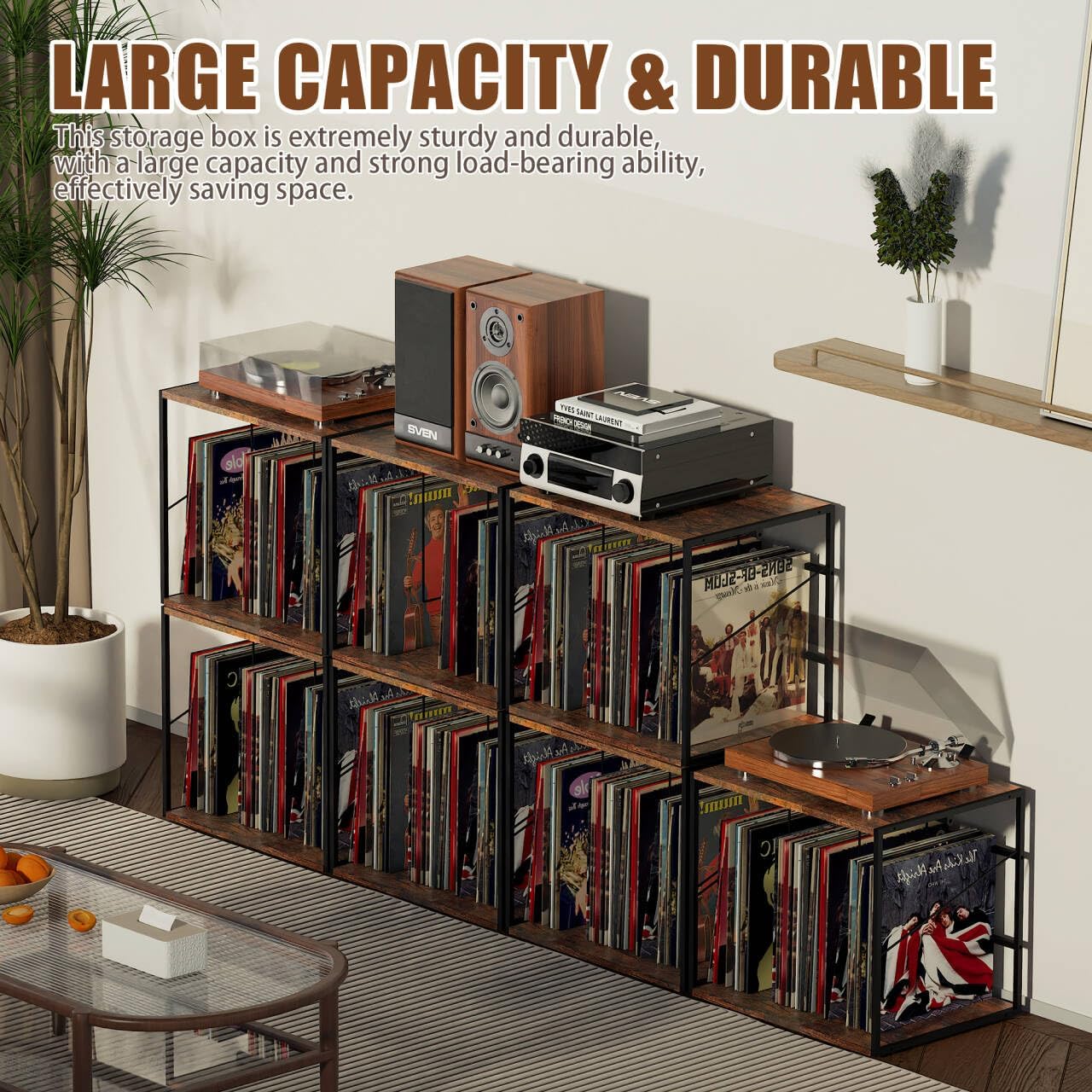 Vinyl Record Storage Holder for 80-100LPs, Vinyl Record Stand Wall Mount with Movable Divider, Solid Record Display