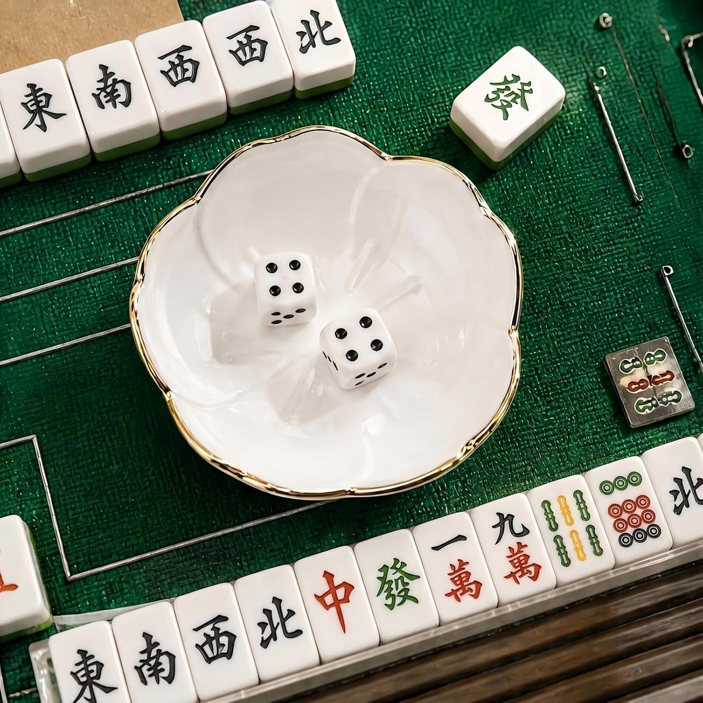 Mahjong Dice Dish Ceramic Tile-Inspired Dice & Chip Tray for Game Night / White