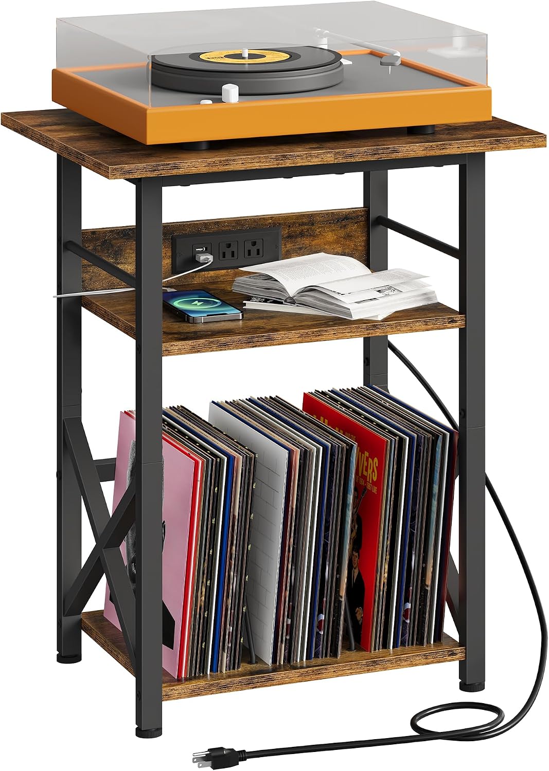 Record Player Stand with Power Outlet, Vinyl Record Storage Side Table, 19" Large Tabletop, Charging Station & Crossed