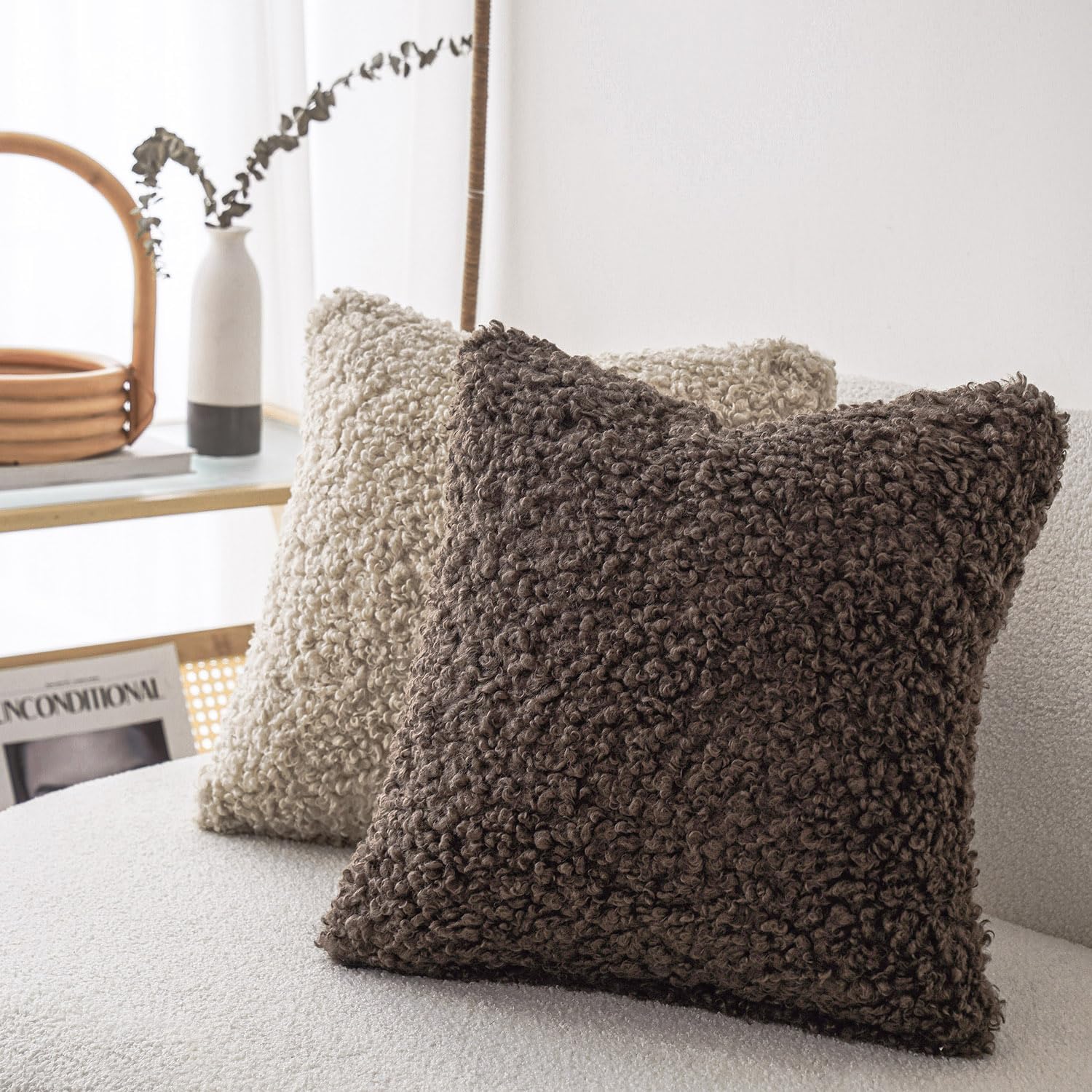 Teddy Faux Fur Throw Pillow Cover Decorative Sherpa Pillow Fuzzy / 18 x 18 / Chocolate / Set of 2