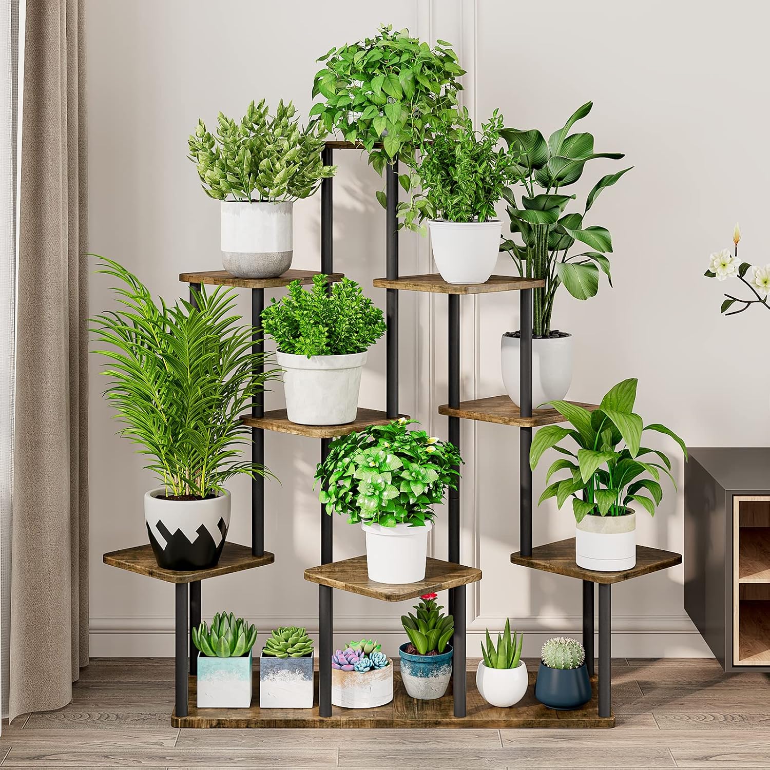 9 Tier Tall Plant Stand Indoor Corner Tiered Shelf Metal MDF Board | Sturdy Metal Frame,Space-saving Tiered Design