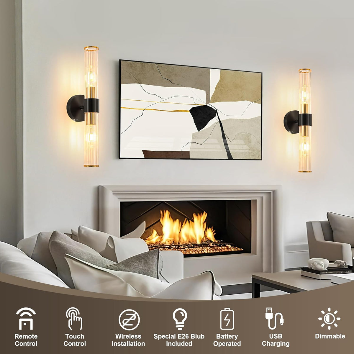 Morauroral Black Gold Battery Operated Wall Sconce, Rechargeable Wall Lights with Remote, 20 Inch Modern Wireless Wall