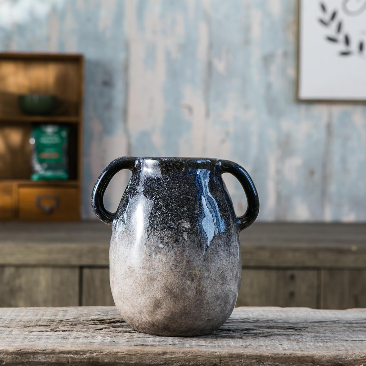 Blue Gradient Ceramic Vase / Double Handle - Blue Gradient