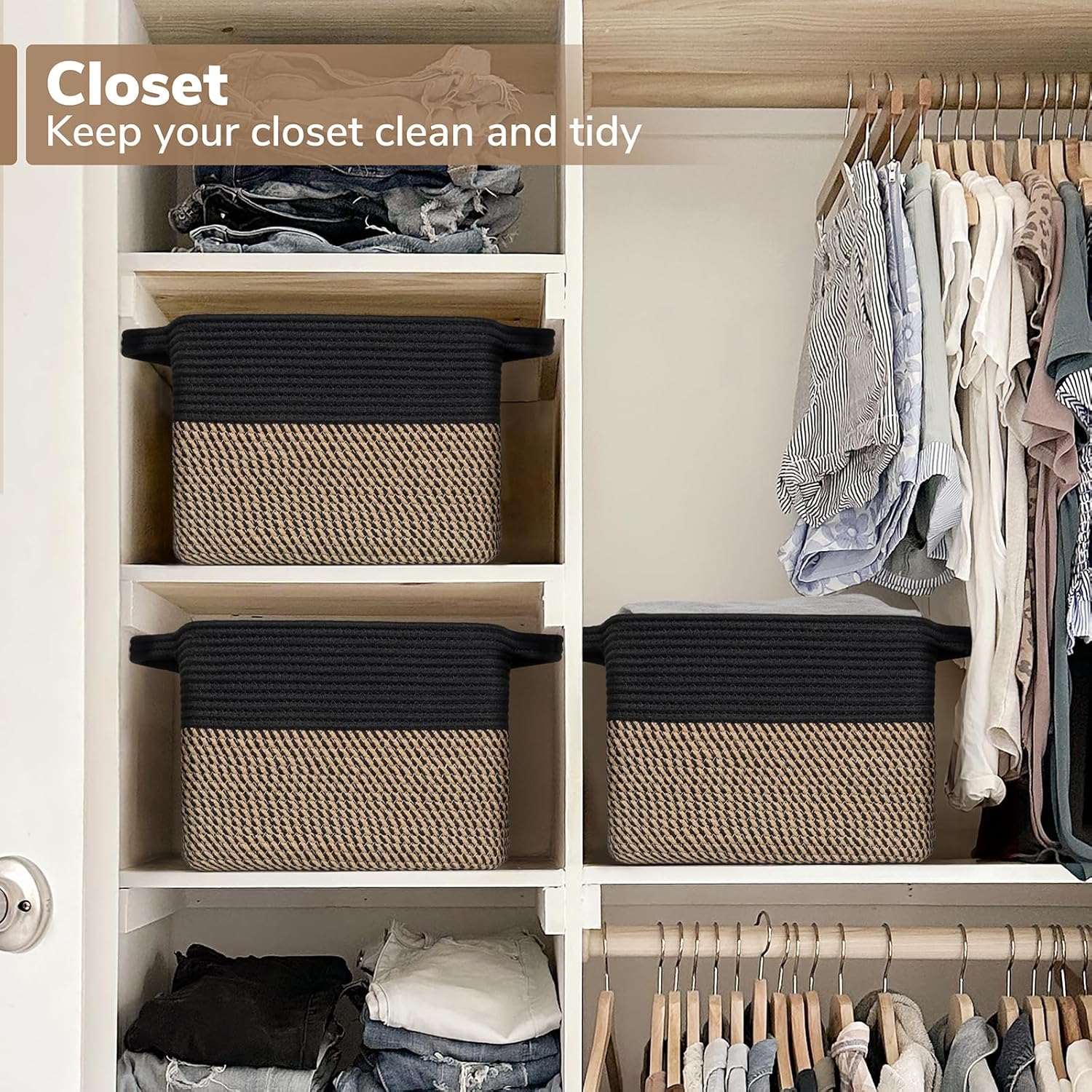 Closet Shelf Woven Baskets / Black / 13"L x 10"W x 9"H