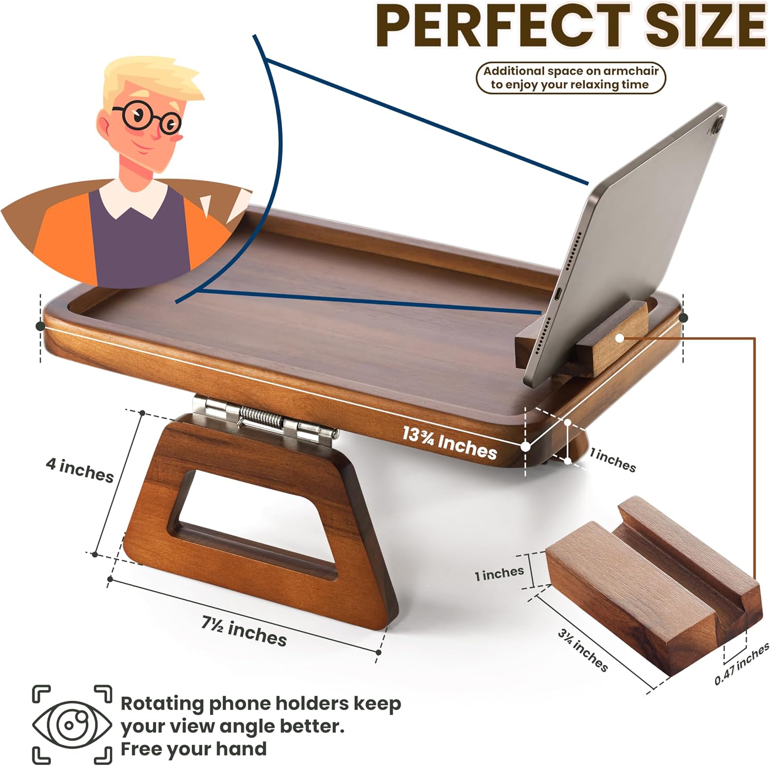 Wood Sofa Armrest Tray / Acacia / 13.8 x 9.5 x 1