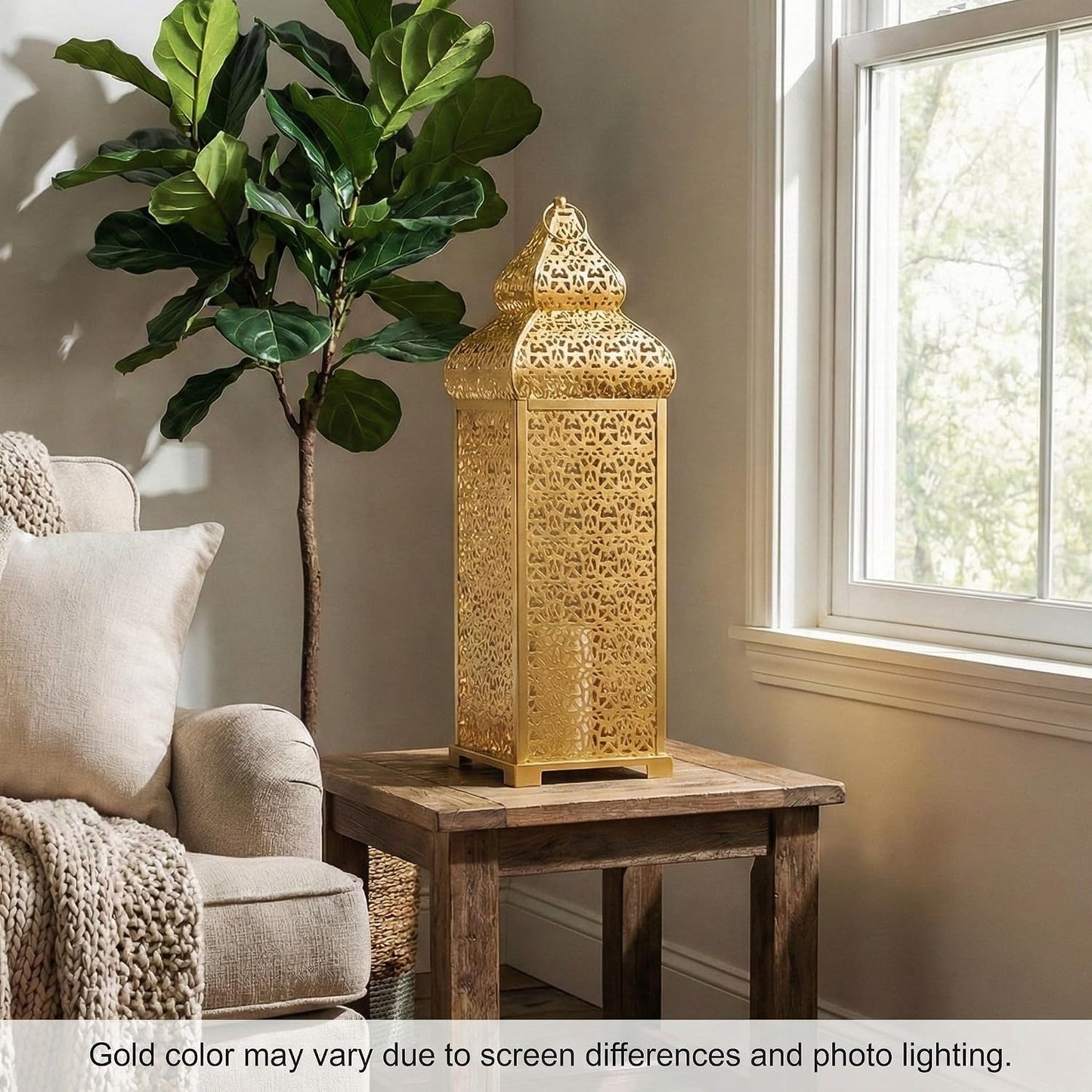 Vela Lanterns Decorative Indoor Tall Moroccan Floor Candle Holder, Gold, XL | Ramadan Decorations for Home, Extra Large