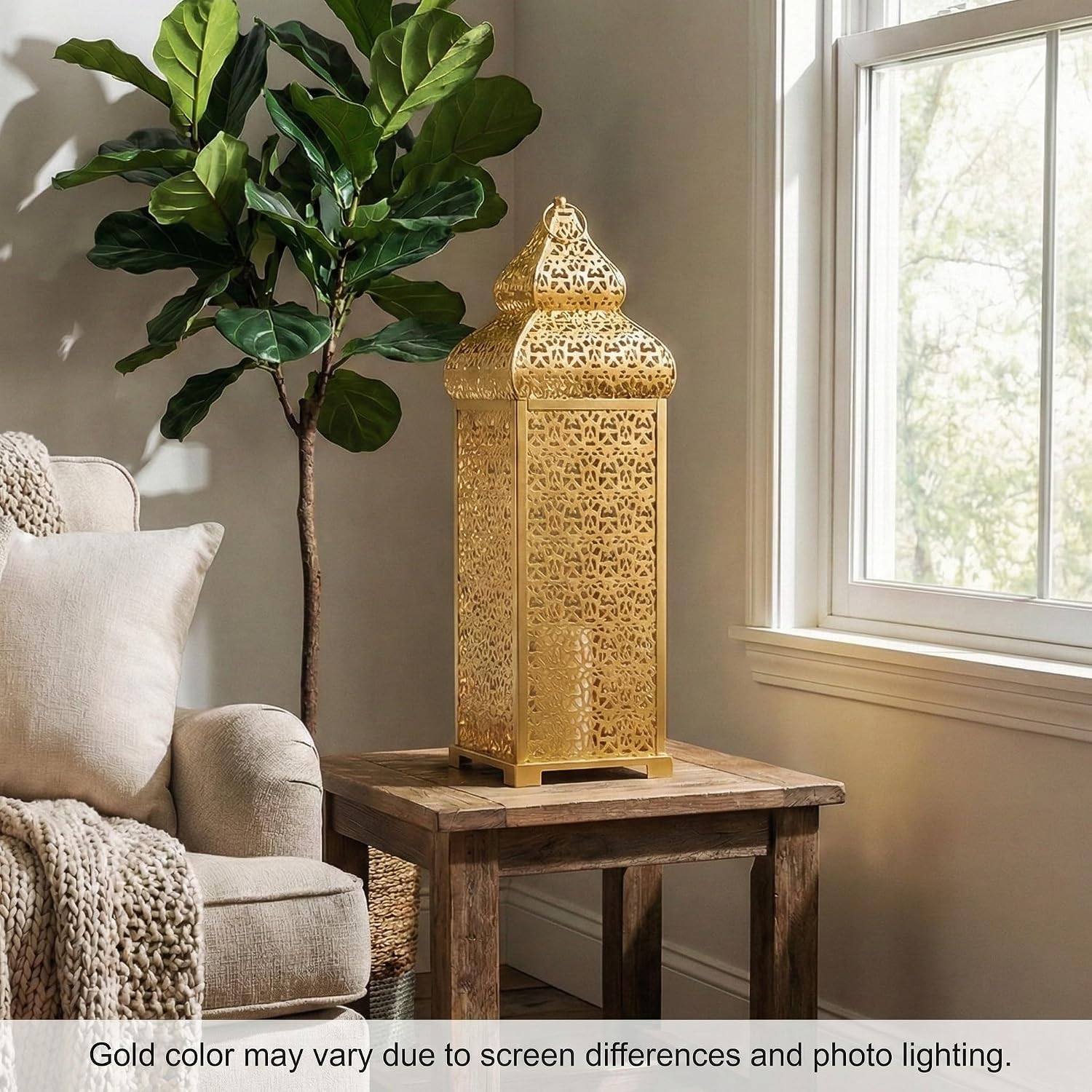 Vela Lanterns Decorative Indoor Tall Moroccan Floor Candle Holder, Gold, XL | Ramadan Decorations for Home, Extra Large