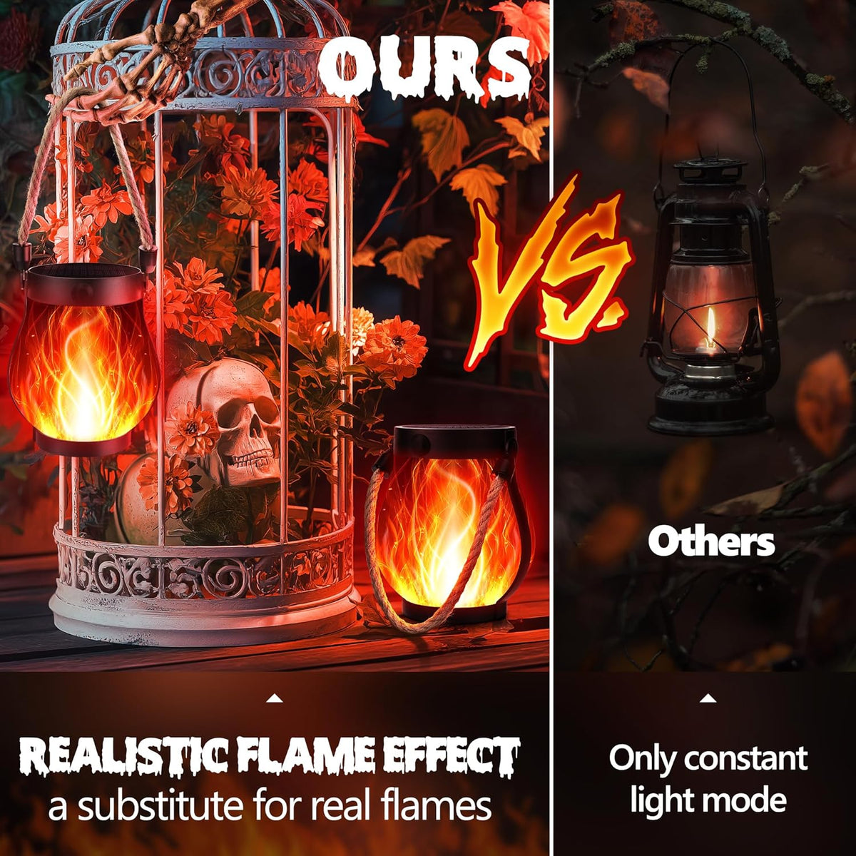 iBaycon 2 Pack Gen2 Solar Lantern Lights USB Halloween Flame Lamp, Red | Solar Garden Lights with Solar & USB-C Dual