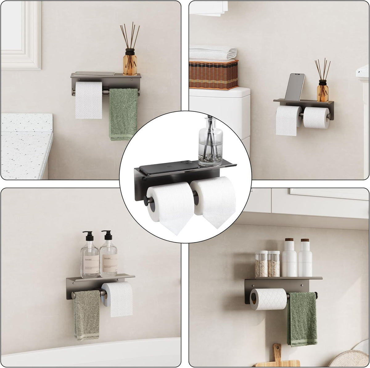 Grey Toilet Paper Roll Holder with Shelf Wall Mounted for Bathroom (Grey, Double Head)