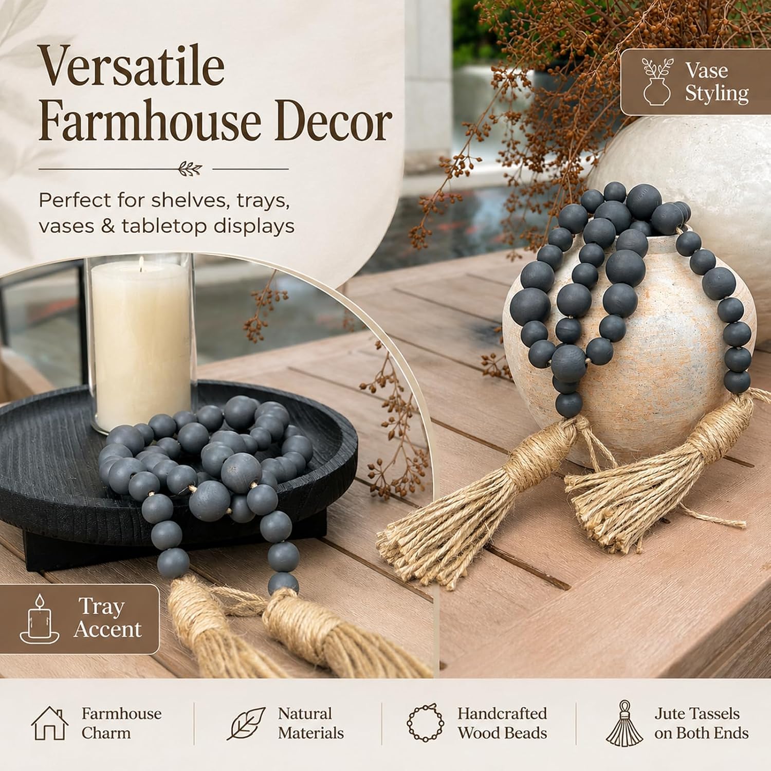Gray Wood Bead Garland / Grey / 49.6 Inch