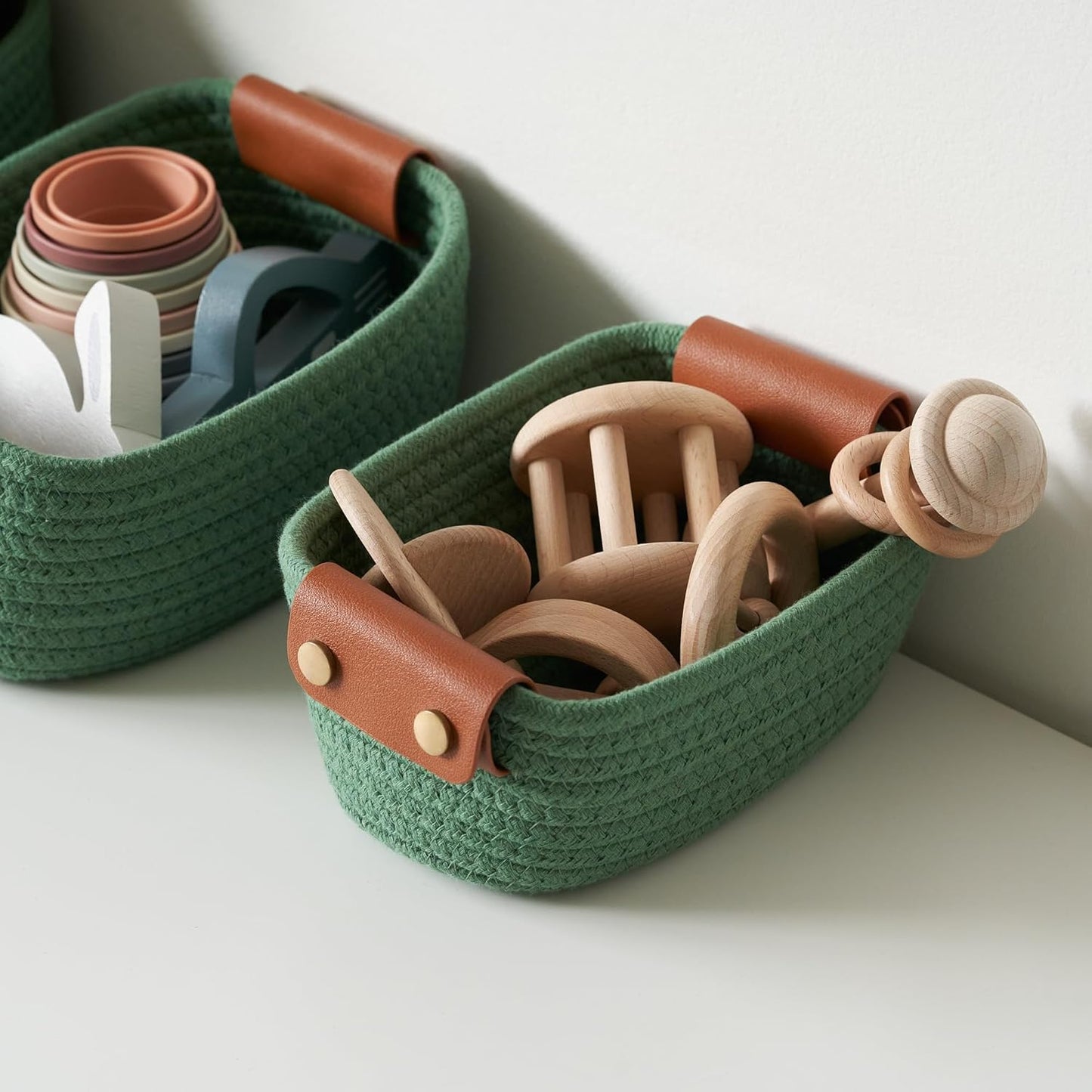 Storage Basket / Sturdy Cotton Rope Baskets / Sage / Set of 5