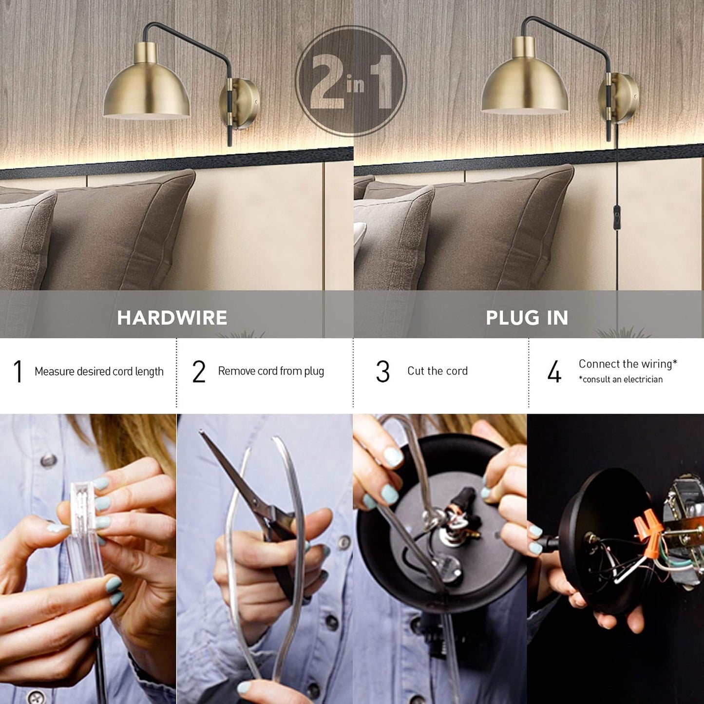 Globe Electric 1-Light Antique Brass Plug-in or Hardwire Wall Sconce with in-Line On/Off Switch