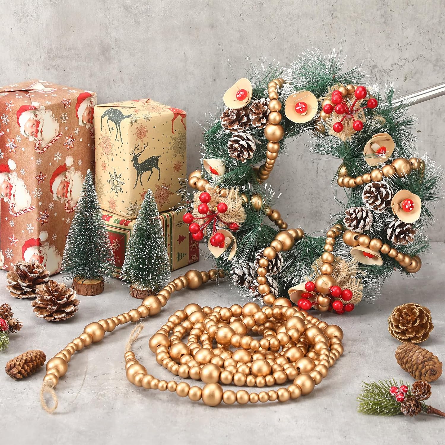 4 Pcs 72 ft Christmas Tree Wood Bead Garland Christmas Wooden Beads Garland Hanging Boho Xmas Decor Rustic Farmhouse