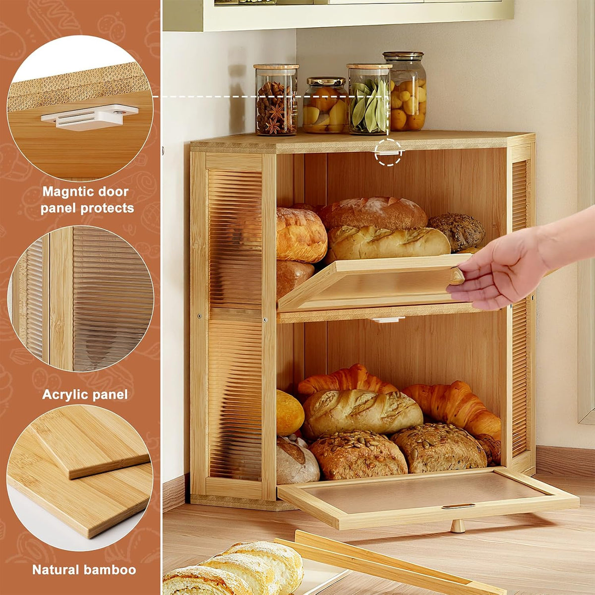 WOWLIVE Double Layer Corner Bread Box for Kitchen Countertop with 2 Doors | Bamboo Bread Storage Container, Large
