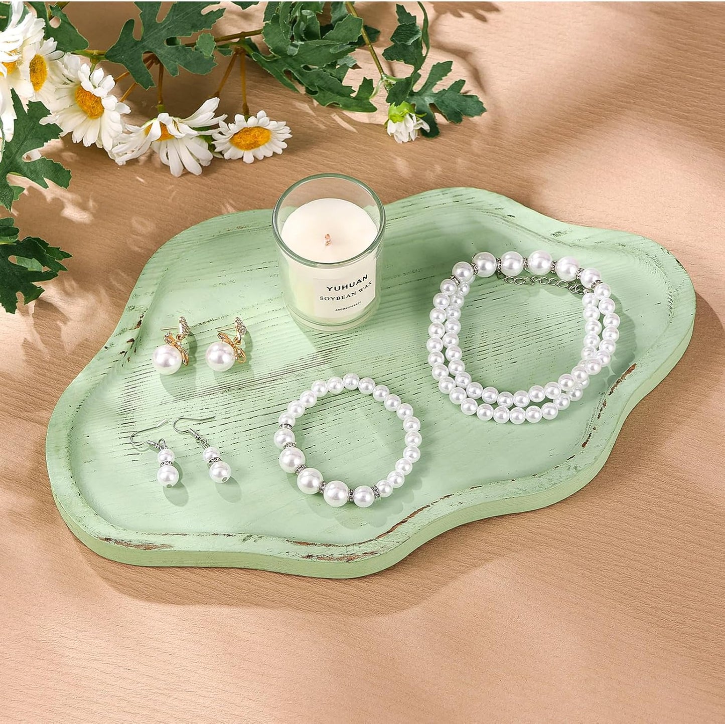 Cloud Wooden Jewelry Tray Trinket Dish / Light Green