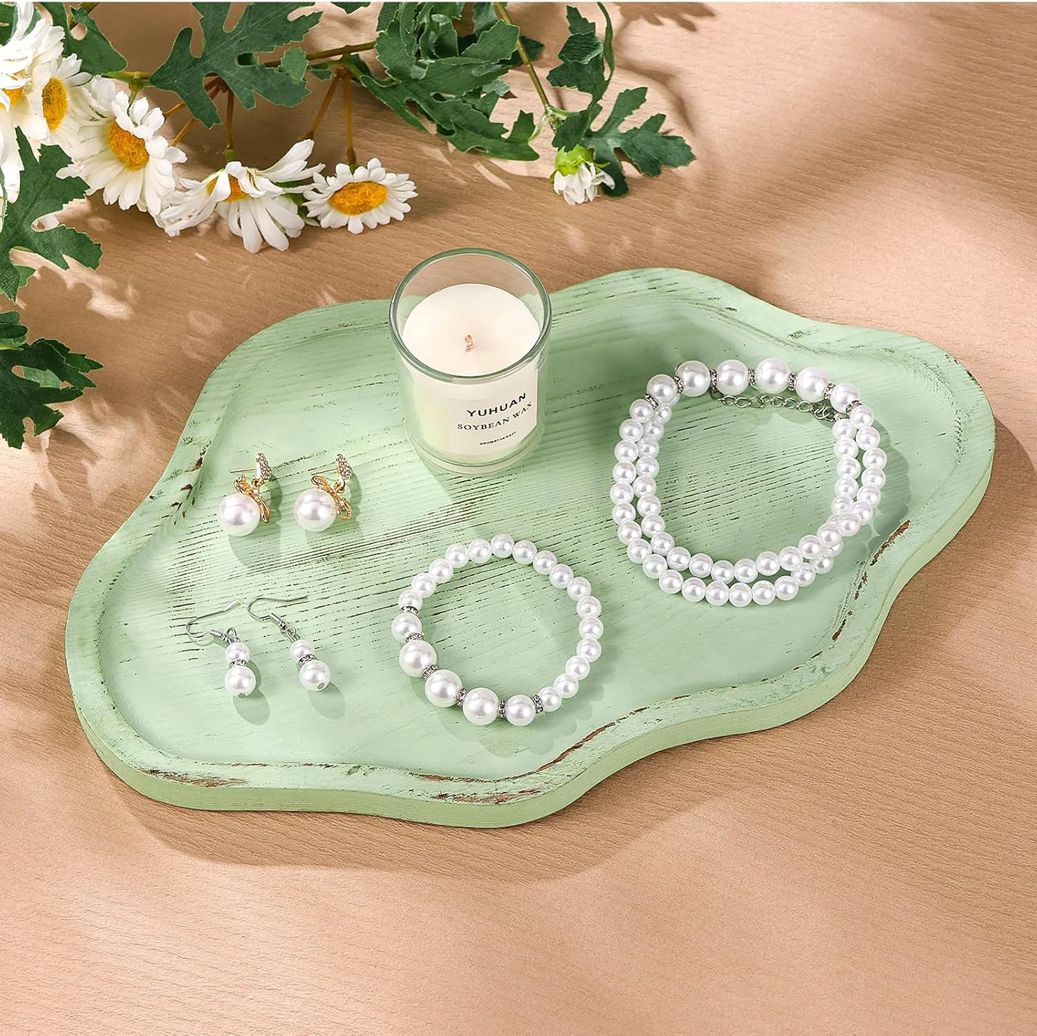 Cloud Wooden Jewelry Tray Trinket Dish / Light Green
