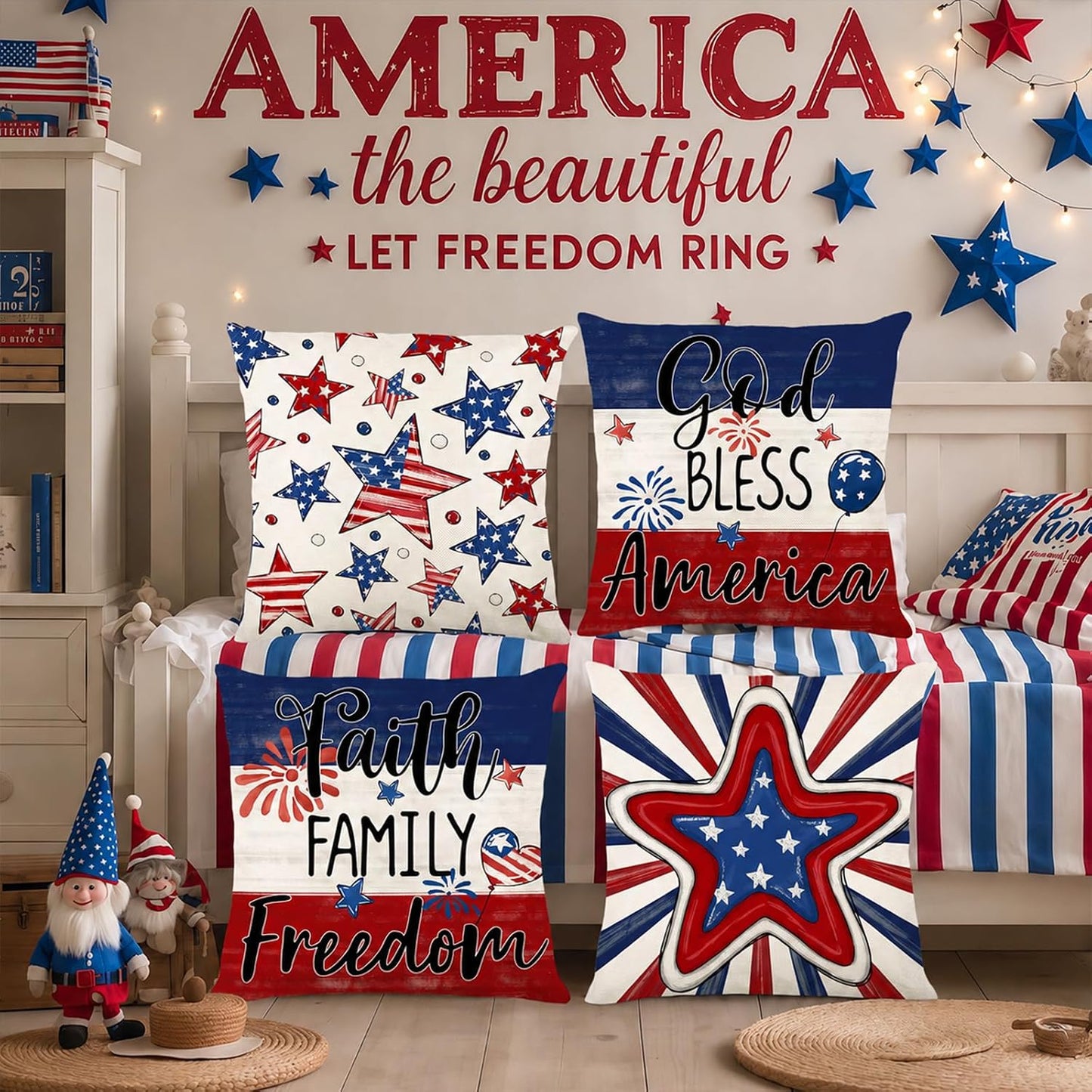 Patriotic Pillow Covers / Red White Blue 2 / 18 x 18 / Set of 4
