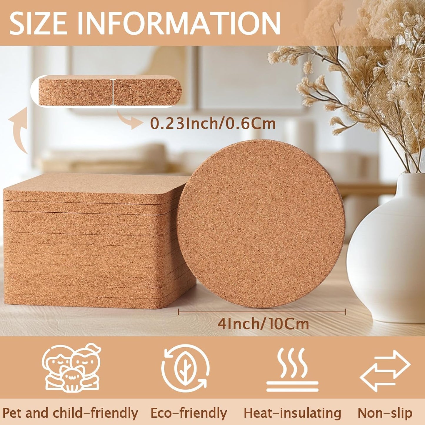Cork Coasters for Laser Engraving / Square+round / Set of 100