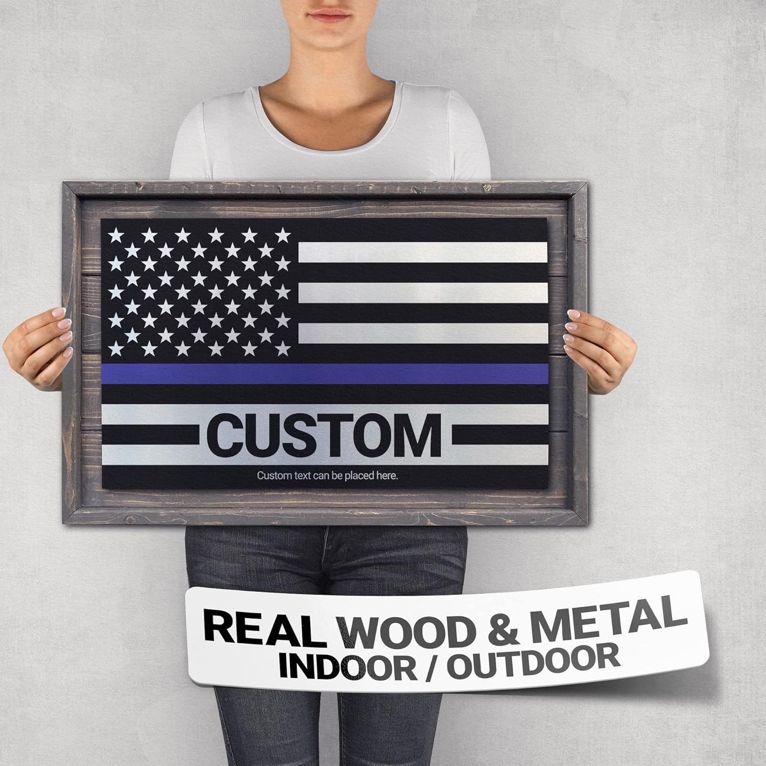 CUSTOM Rustic Thin Blue Line American Flag Made of Wood and Metal For Law / Blue Line Custom